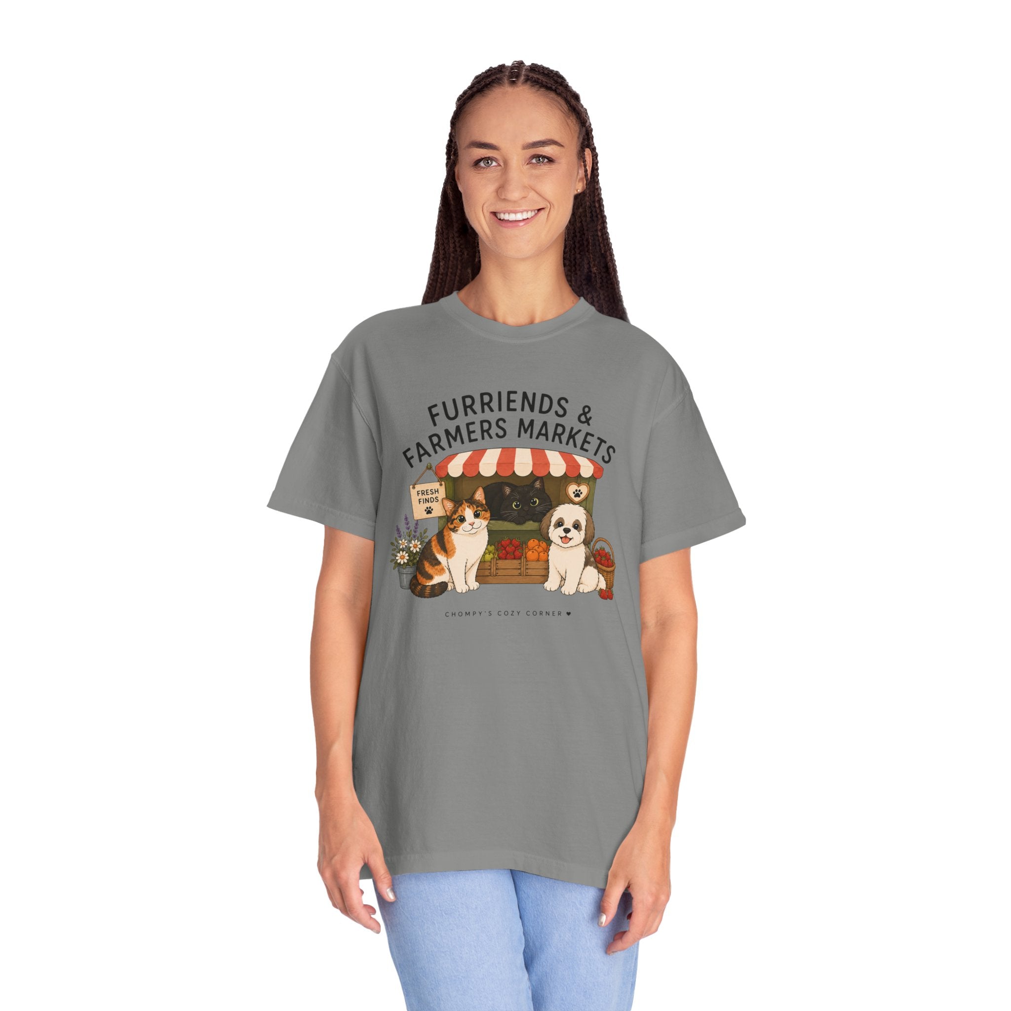 Chompy & Furriends ft. Fenlon Felines: Farmers Market Dogs T-Shirt — “Furriends & Farmers Markets” Cute Pet Market Tee