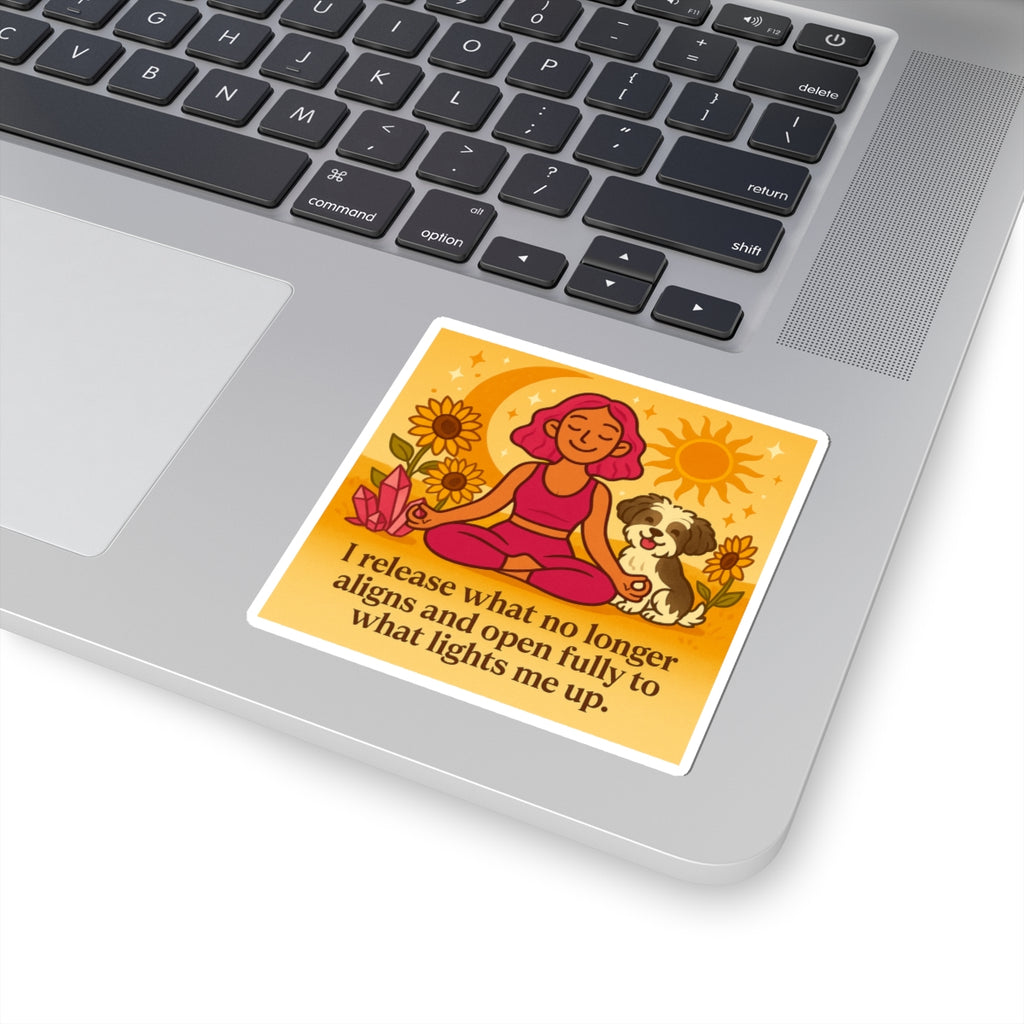 Affirmation Yoga Girl & Shih-Poo Sticker — “I release what no longer aligns…” Kiss-Cut
