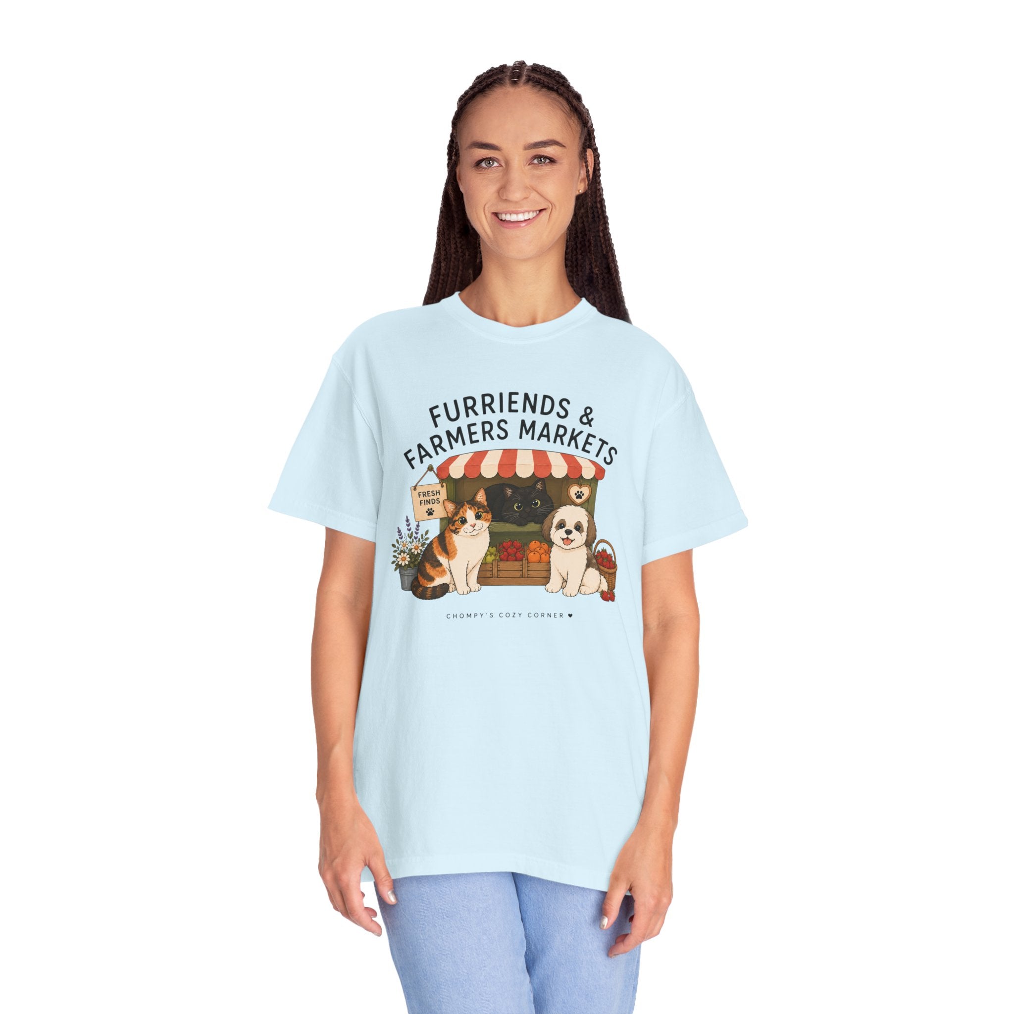 Chompy & Furriends ft. Fenlon Felines: Farmers Market Dogs T-Shirt — “Furriends & Farmers Markets” Cute Pet Market Tee