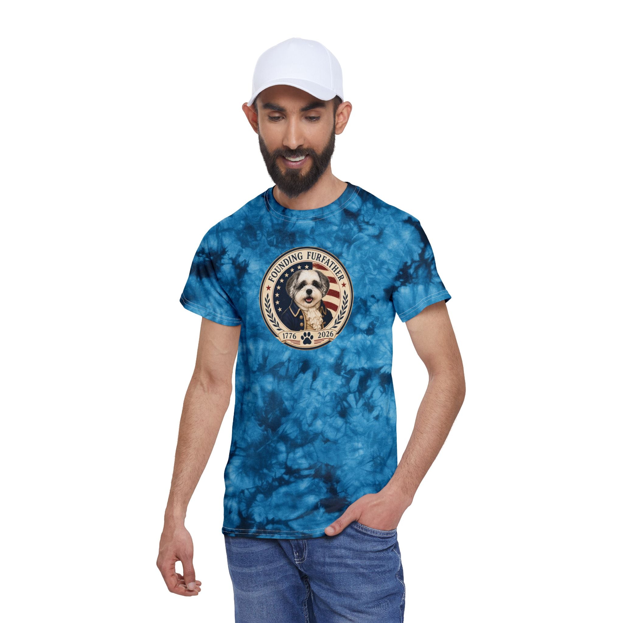 Tie-Dye T‑Shirt — 'Founding Furfather' Patriotic Dog Graphic