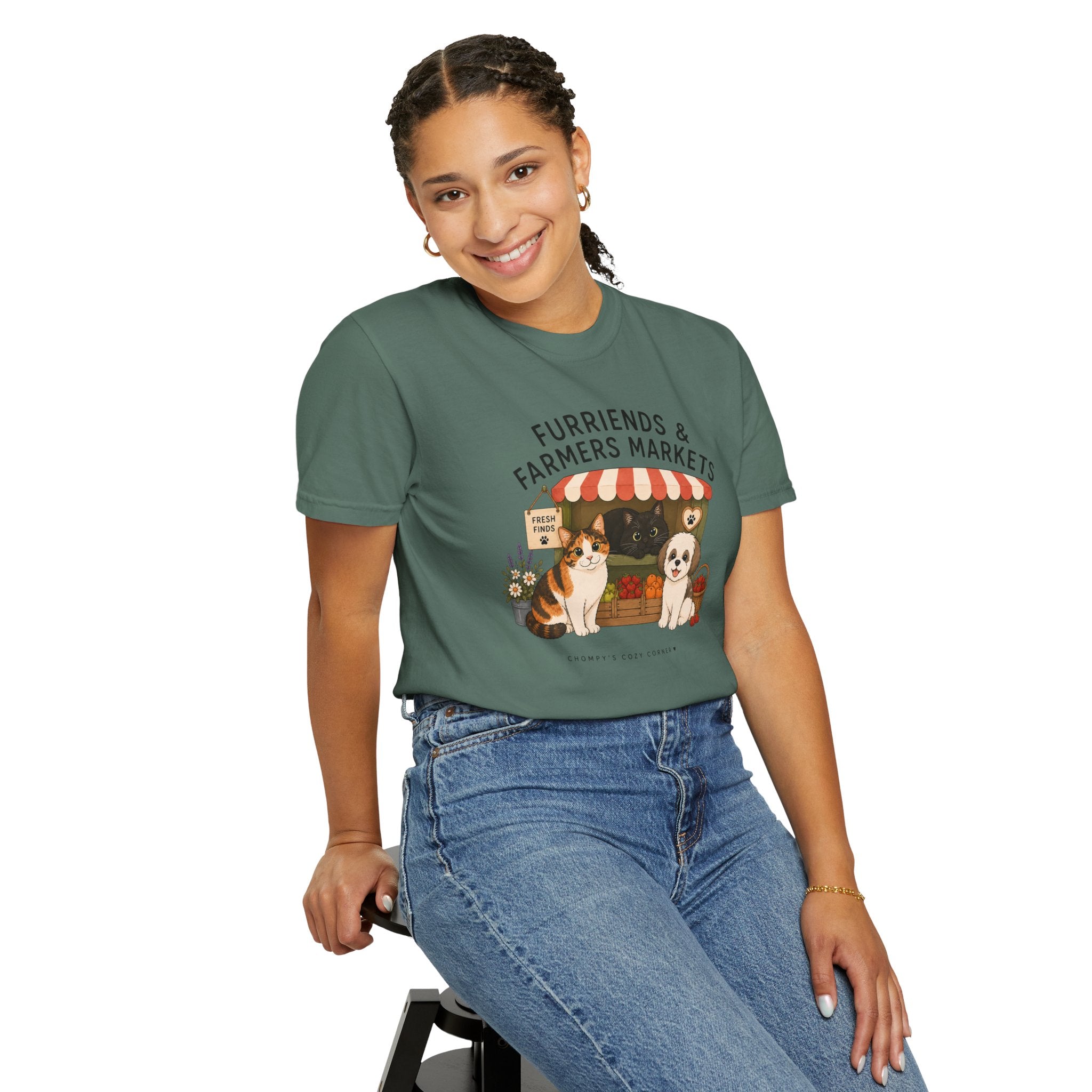 Chompy & Furriends ft. Fenlon Felines: Farmers Market Dogs T-Shirt — “Furriends & Farmers Markets” Cute Pet Market Tee