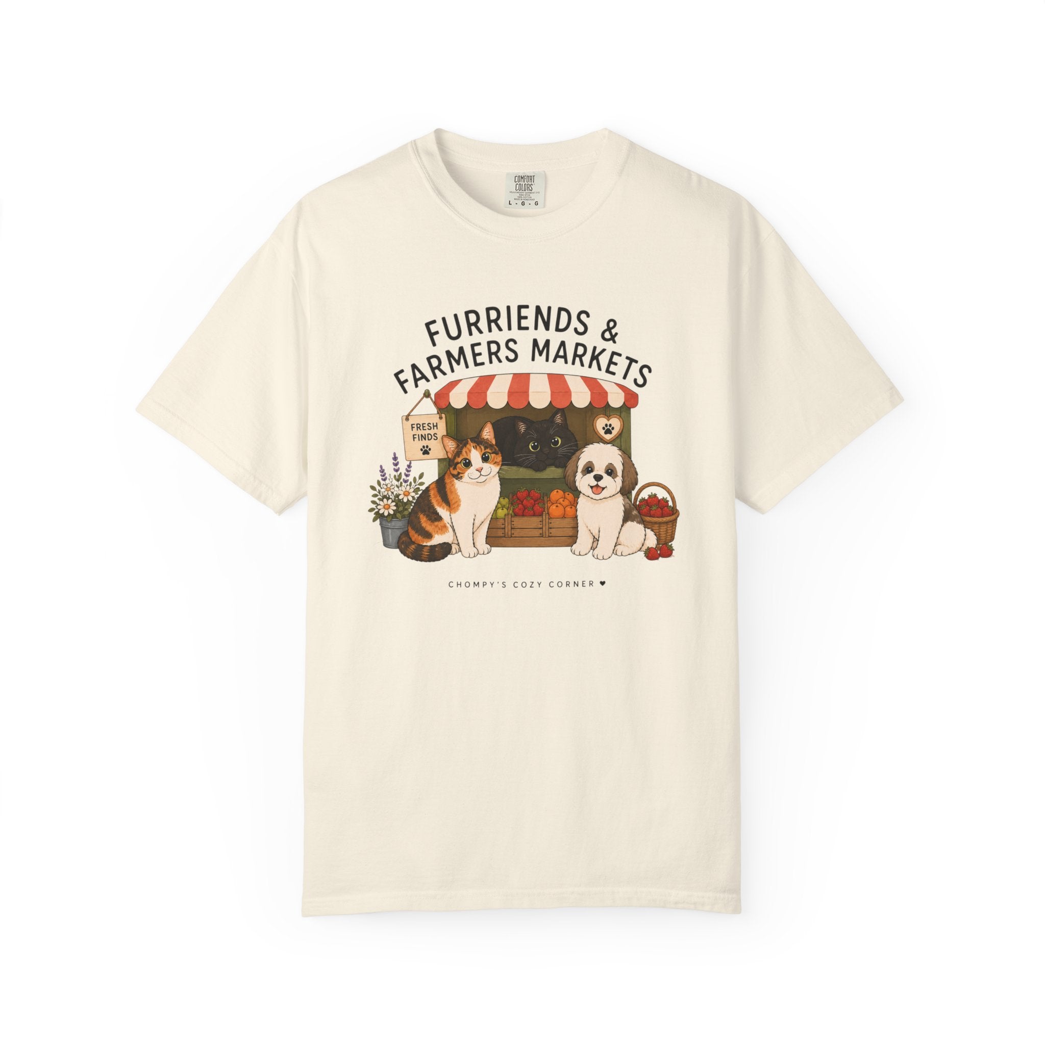 Chompy & Furriends ft. Fenlon Felines: Farmers Market Dogs T-Shirt — “Furriends & Farmers Markets” Cute Pet Market Tee