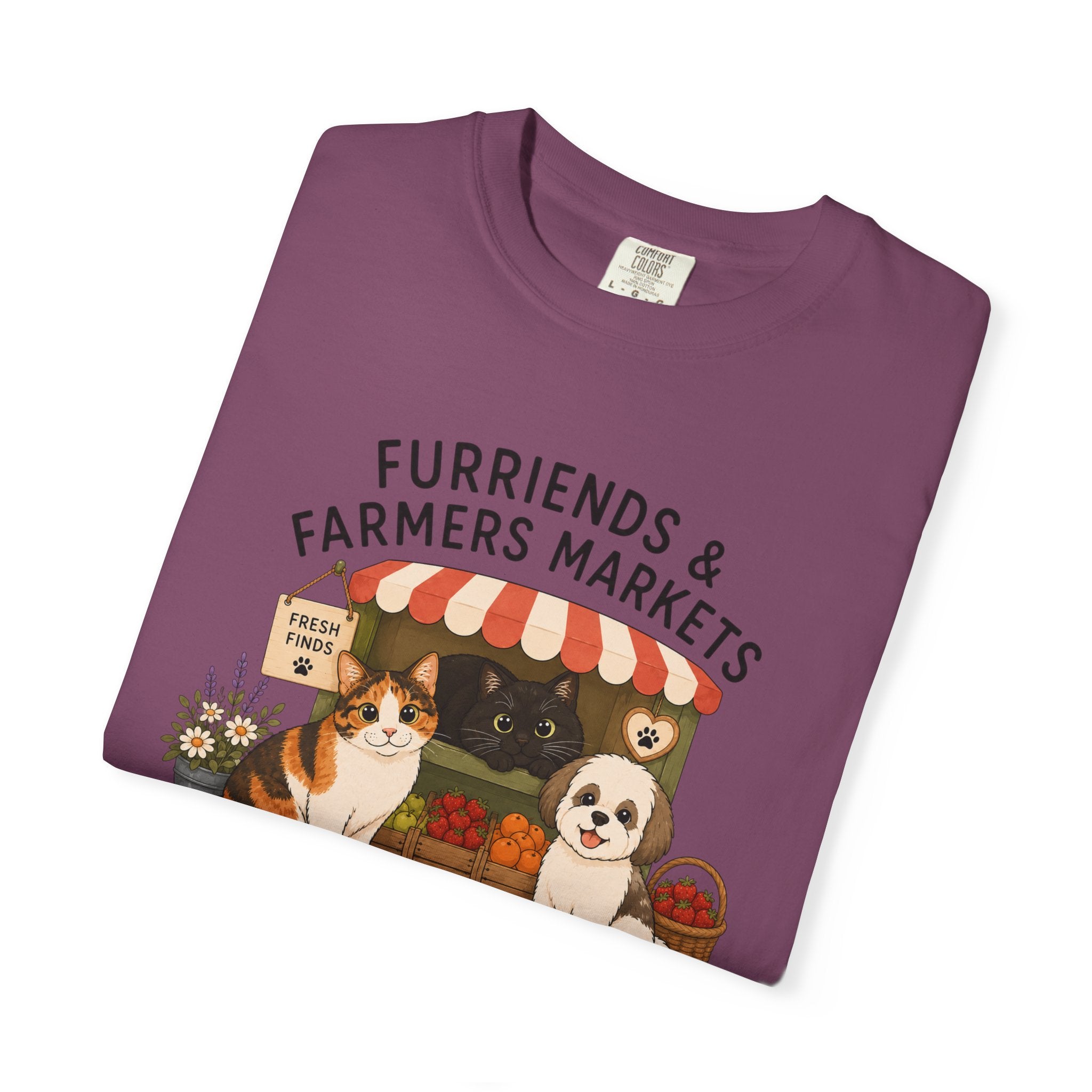 Chompy & Furriends ft. Fenlon Felines: Farmers Market Dogs T-Shirt — “Furriends & Farmers Markets” Cute Pet Market Tee
