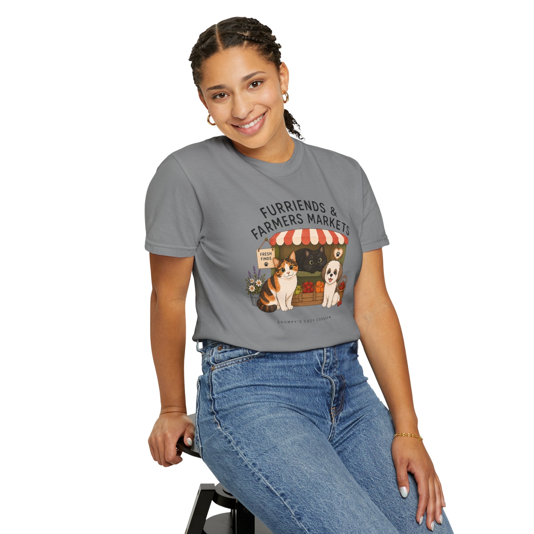 Chompy & Furriends ft. Fenlon Felines: Farmers Market Dogs T-Shirt — “Furriends & Farmers Markets” Cute Pet Market Tee
