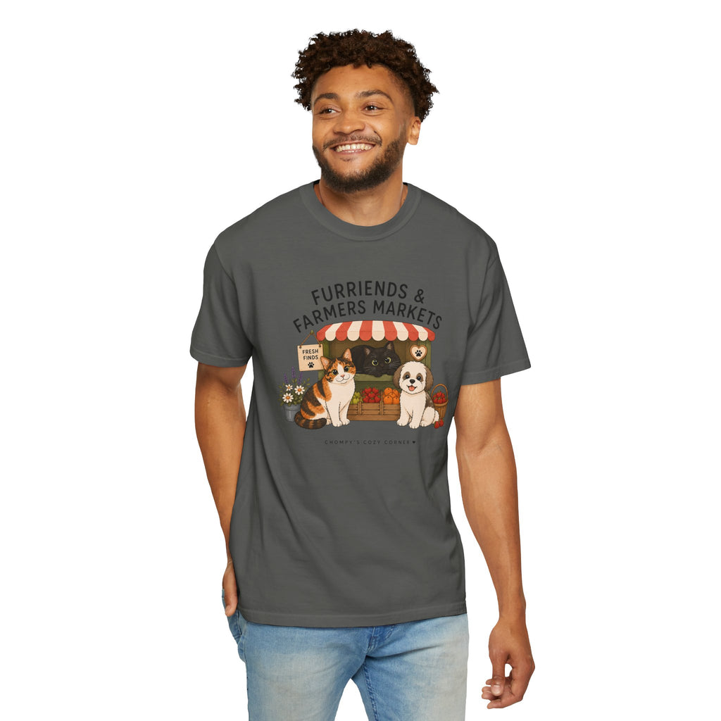 Chompy & Furriends ft. Fenlon Felines: Farmers Market Dogs T-Shirt — “Furriends & Farmers Markets” Cute Pet Market Tee