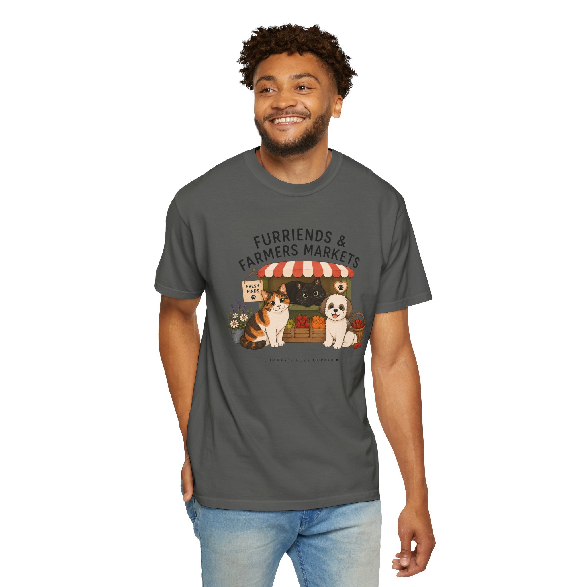 Chompy & Furriends ft. Fenlon Felines: Farmers Market Dogs T-Shirt — “Furriends & Farmers Markets” Cute Pet Market Tee