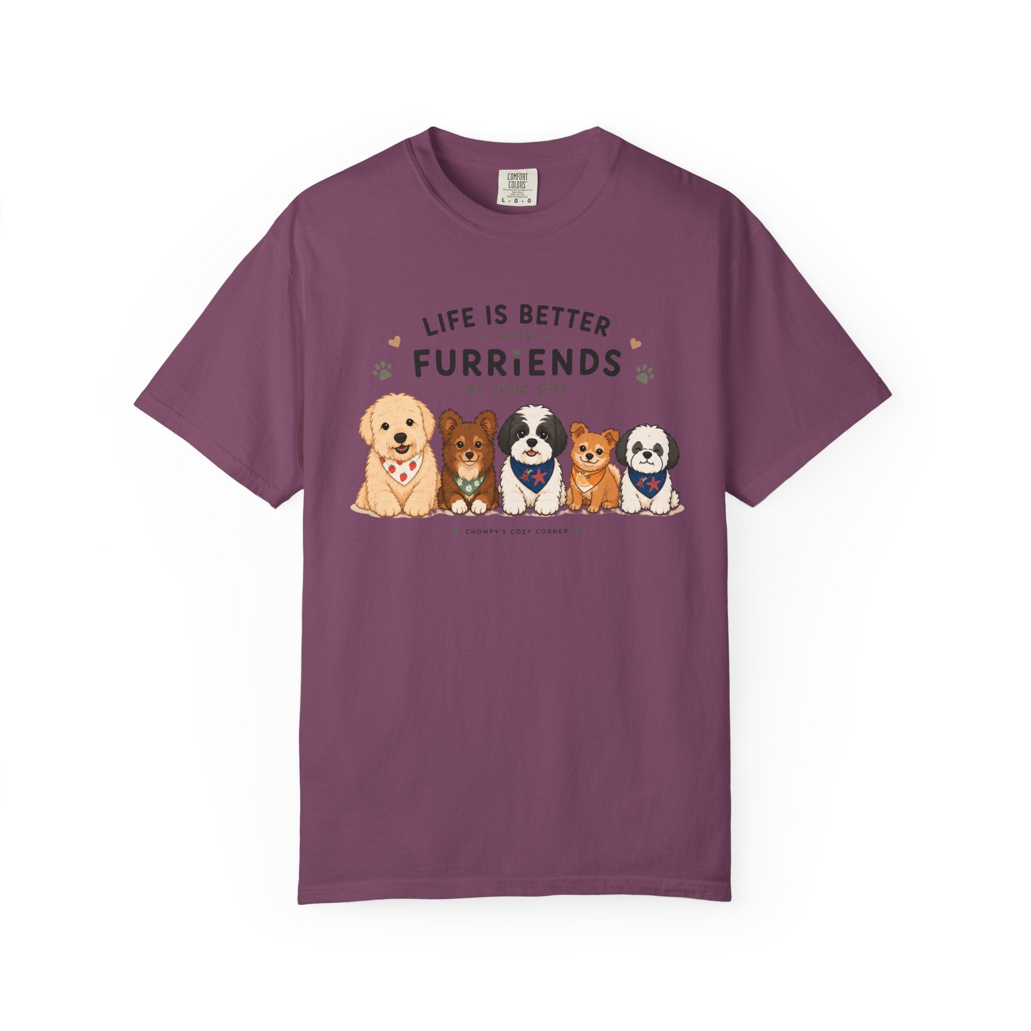 Chompy and Furriends ft. Cohen Crew: Life Is Better With Furriends T-Shirt — Cute Dogs Graphic Tee