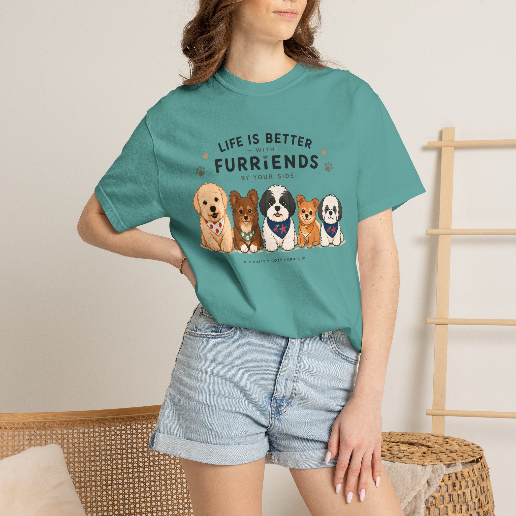 Chompy and Furriends ft. Cohen Crew: Life Is Better With Furriends T-Shirt — Cute Dogs Graphic Tee
