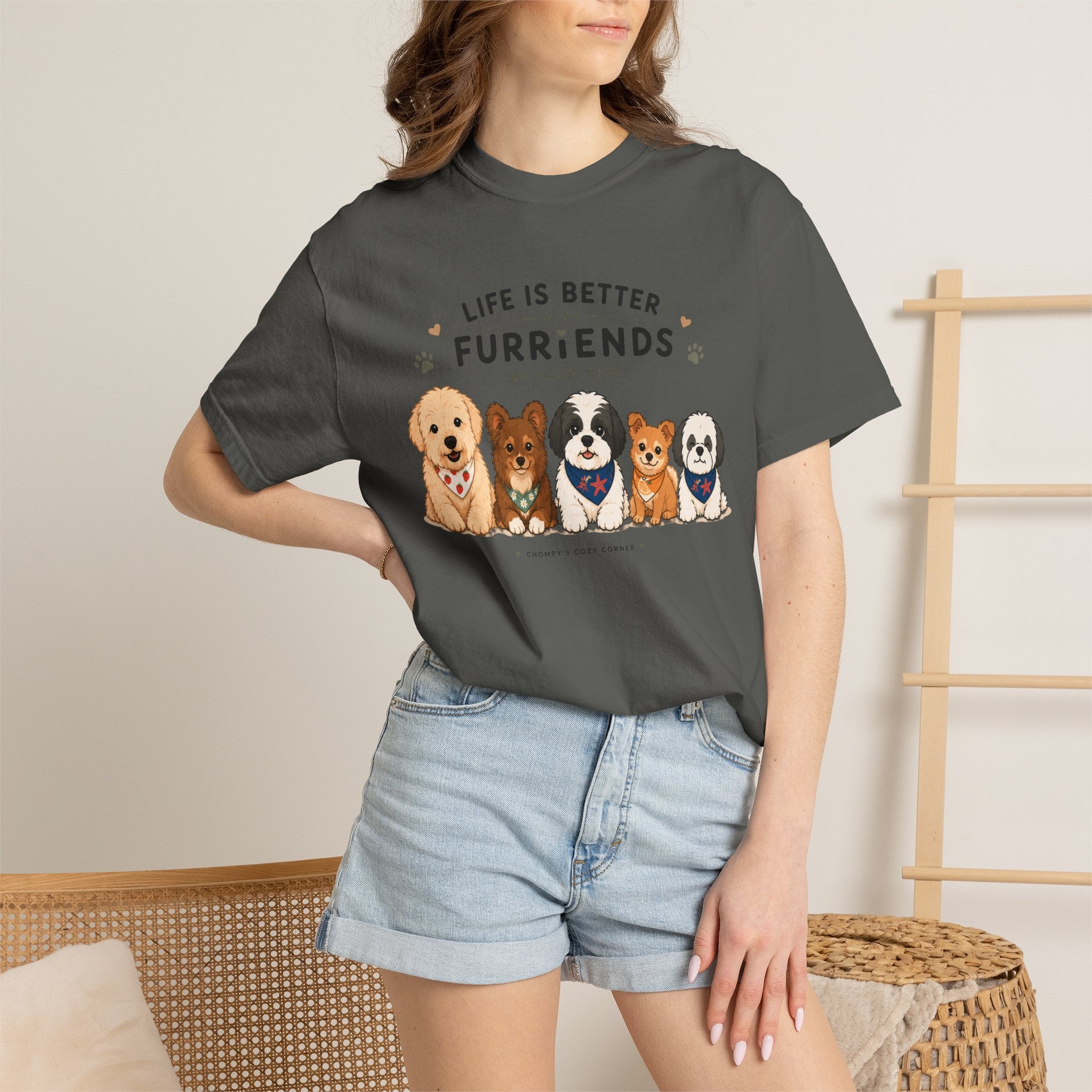 Chompy and Furriends ft. Cohen Crew: Life Is Better With Furriends T-Shirt — Cute Dogs Graphic Tee