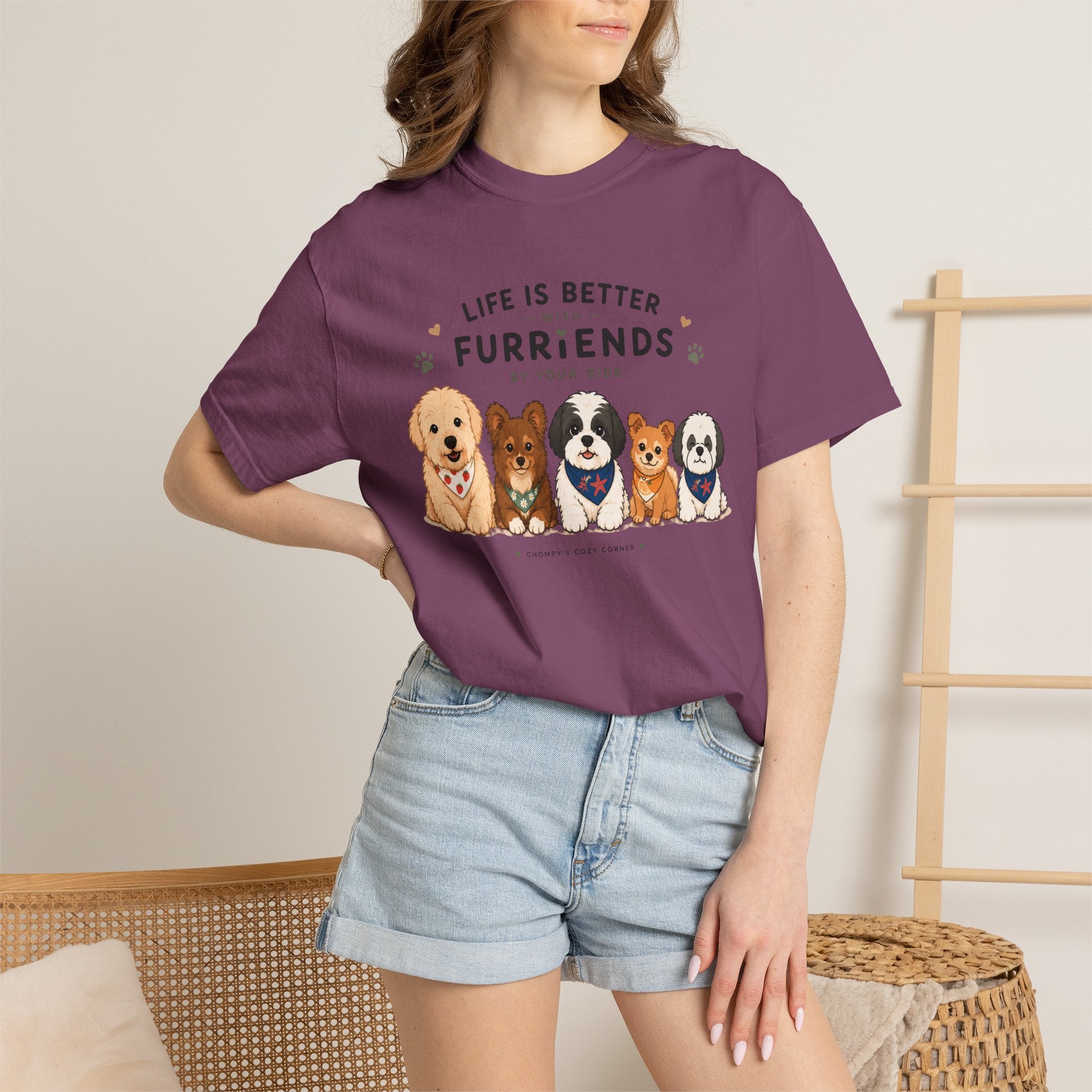 Chompy and Furriends ft. Cohen Crew: Life Is Better With Furriends T-Shirt — Cute Dogs Graphic Tee