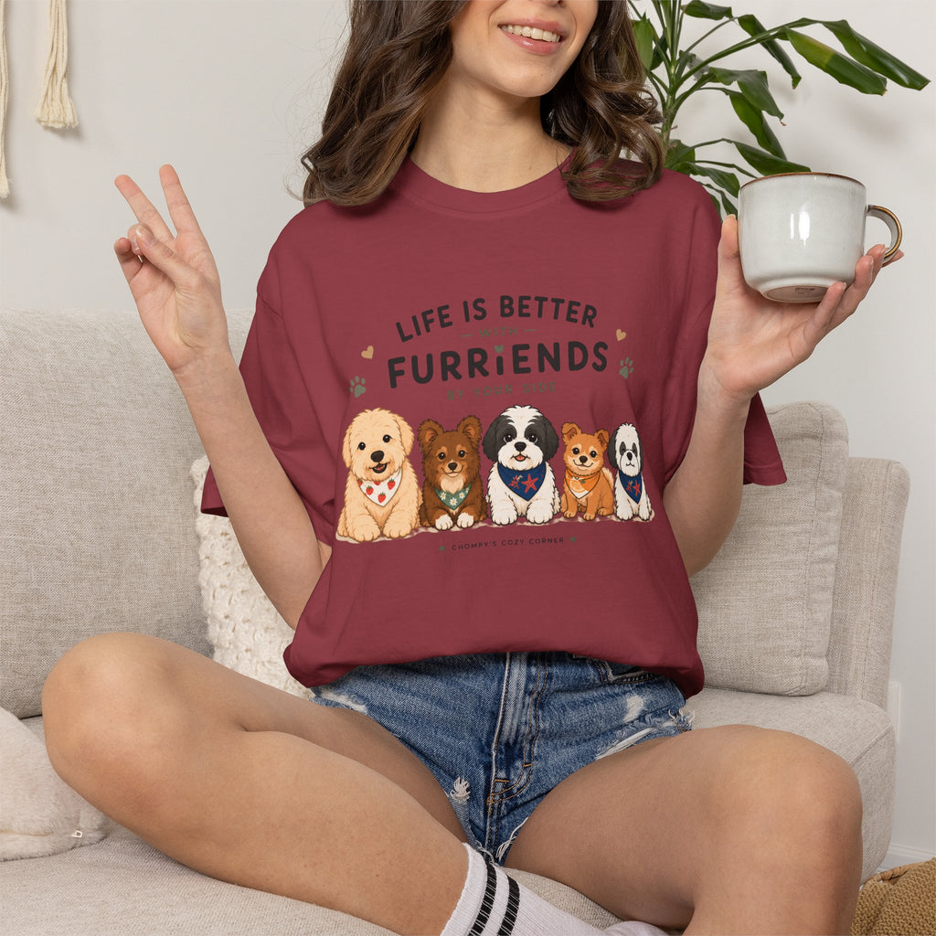 Chompy and Furriends ft. Cohen Crew: Life Is Better With Furriends T-Shirt — Cute Dogs Graphic Tee