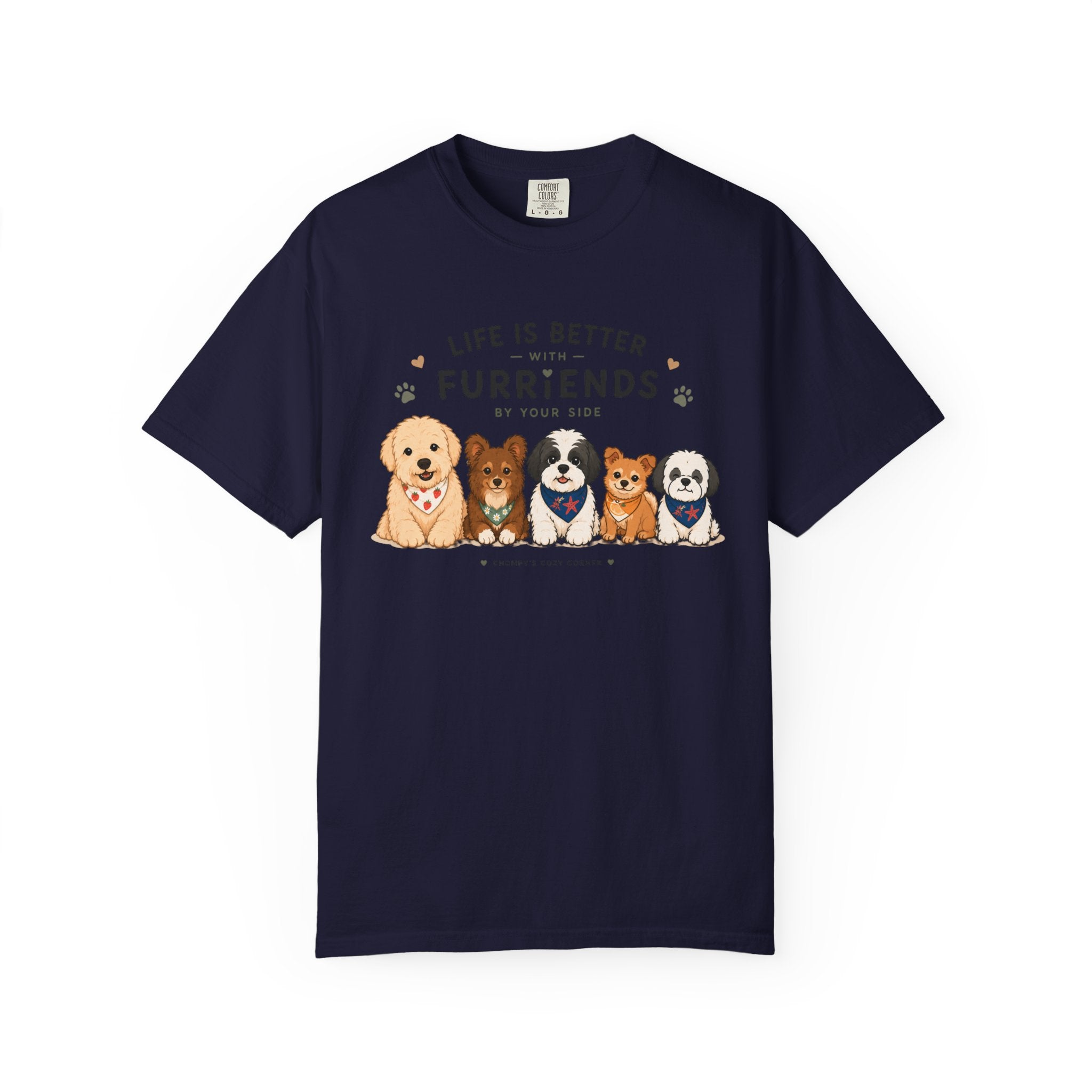 Chompy and Furriends ft. Cohen Crew: Life Is Better With Furriends T-Shirt — Cute Dogs Graphic Tee
