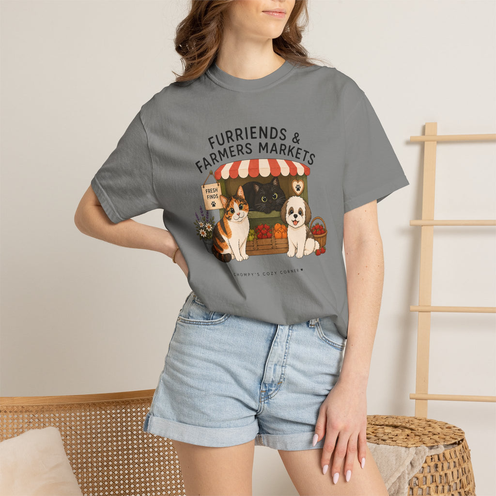 Chompy & Furriends ft. Fenlon Felines: Farmers Market Dogs T-Shirt — “Furriends & Farmers Markets” Cute Pet Market Tee