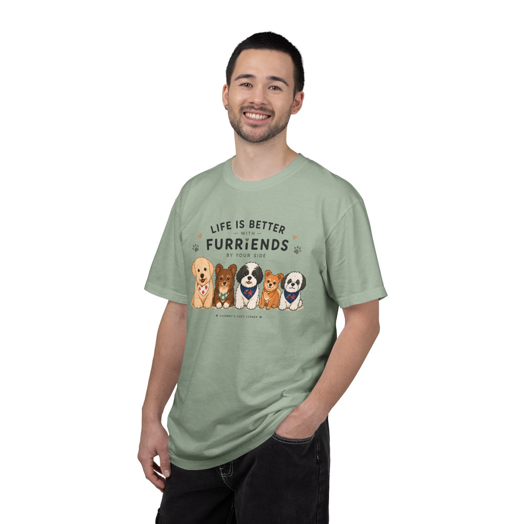 Chompy and Furriends ft. Cohen Crew: Life Is Better With Furriends T-Shirt — Cute Dogs Graphic Tee
