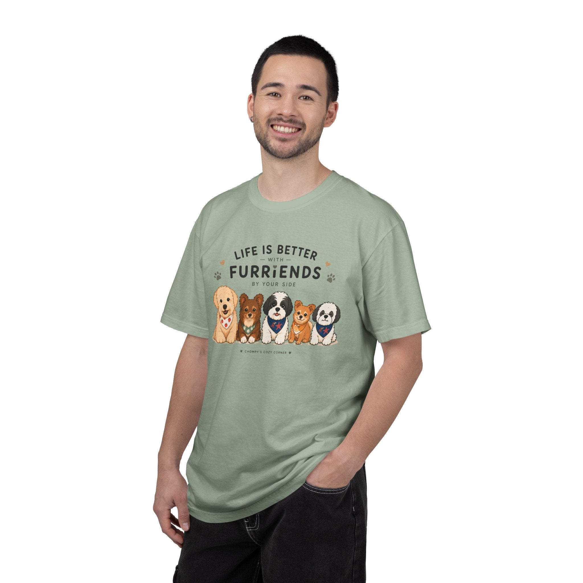 Chompy and Furriends ft. Cohen Crew: Life Is Better With Furriends T-Shirt — Cute Dogs Graphic Tee