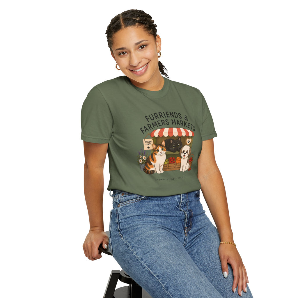 Chompy & Furriends ft. Fenlon Felines: Farmers Market Dogs T-Shirt — “Furriends & Farmers Markets” Cute Pet Market Tee
