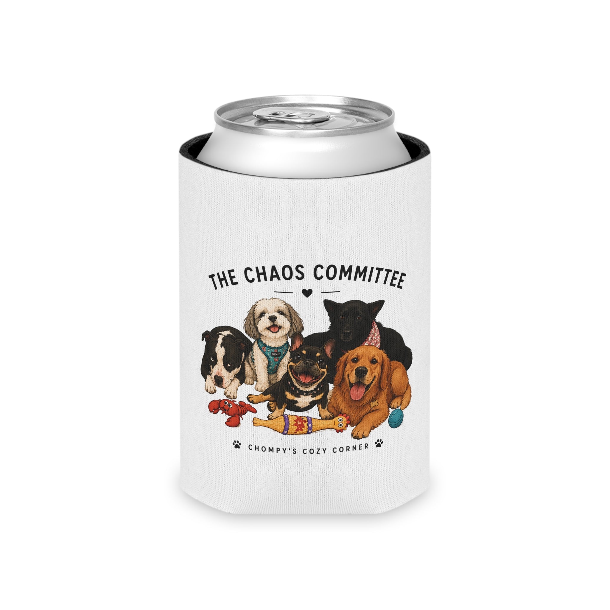 Dog Pack Can Cooler — "The Chaos Committee" Cute Group Puppy Design