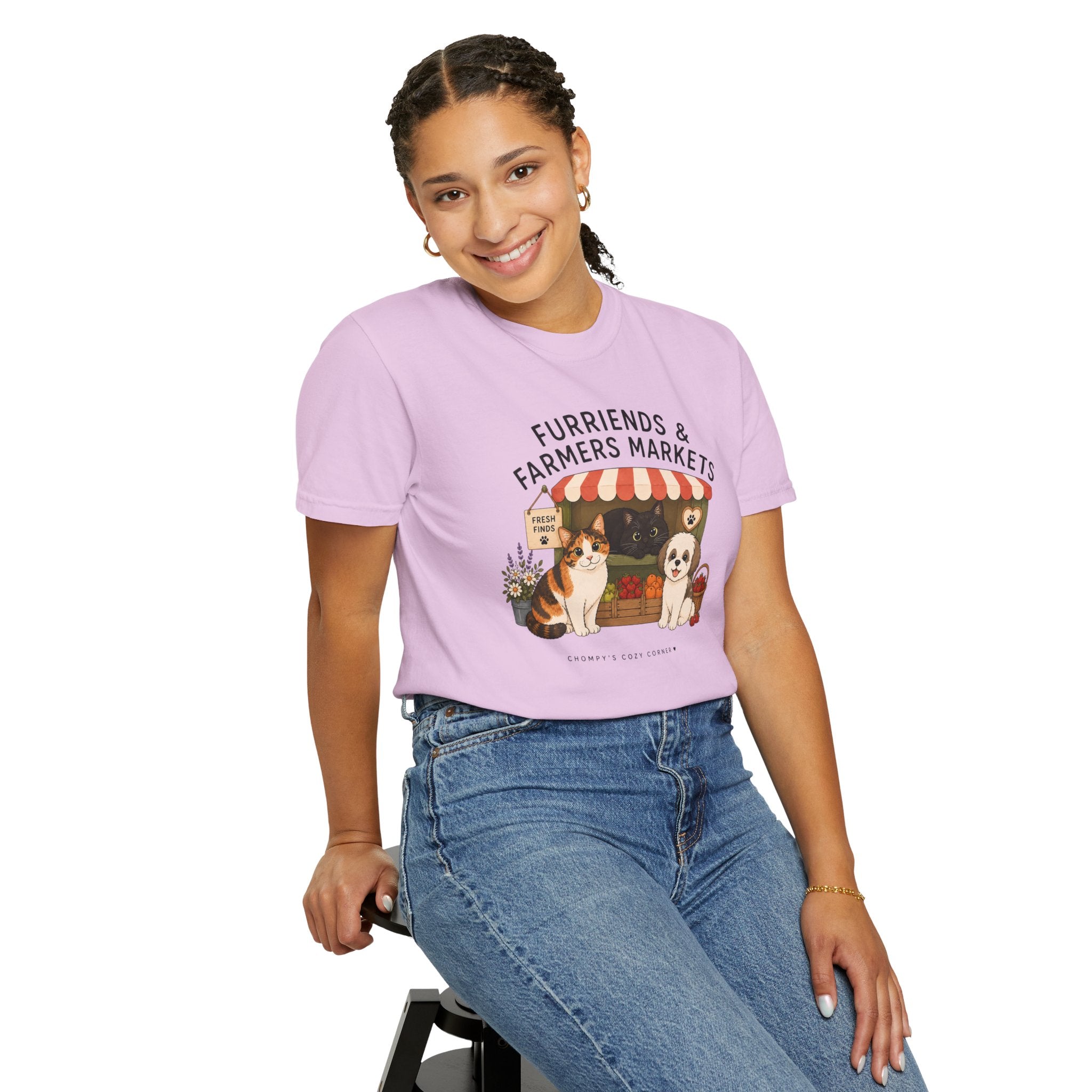 Chompy & Furriends ft. Fenlon Felines: Farmers Market Dogs T-Shirt — “Furriends & Farmers Markets” Cute Pet Market Tee