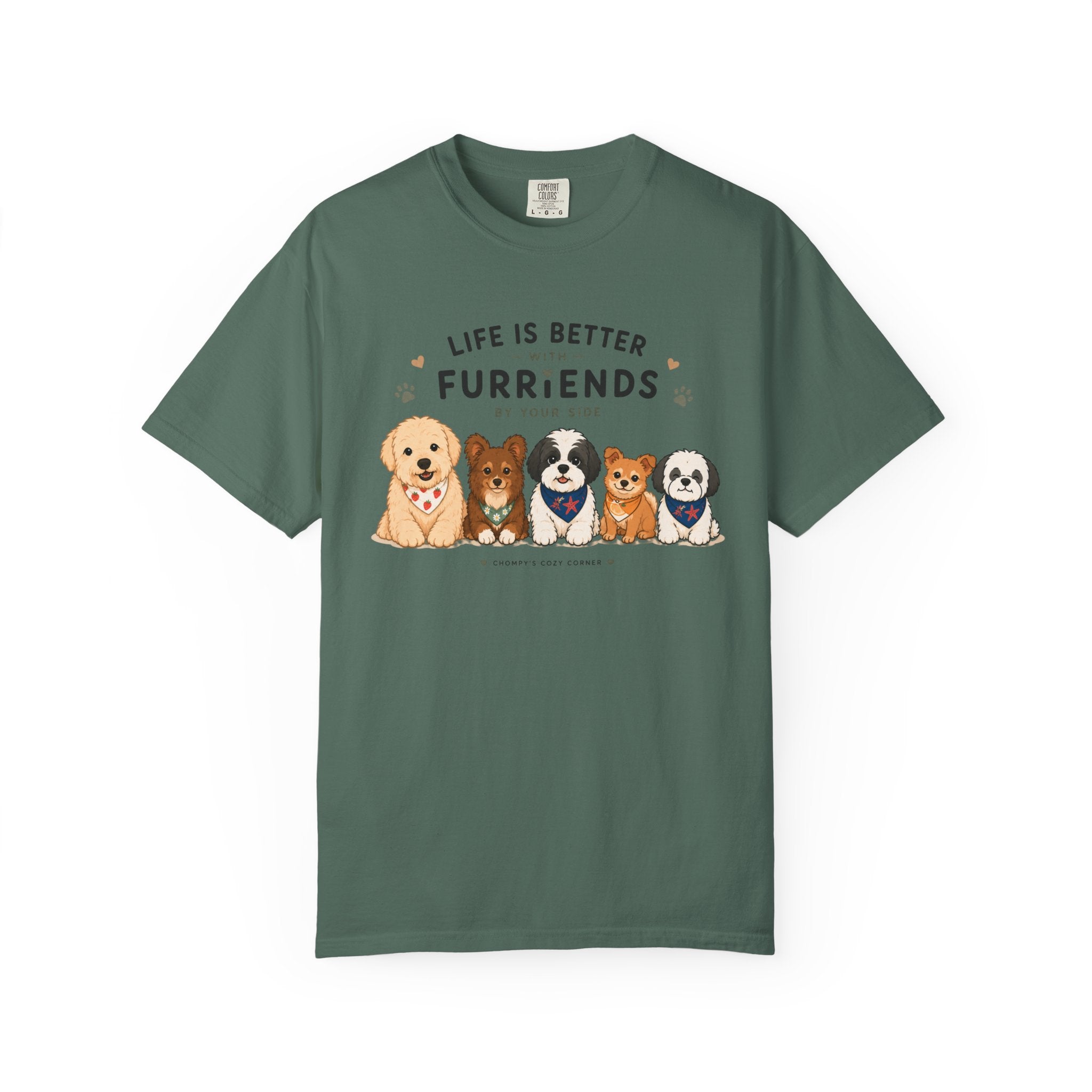 Chompy and Furriends ft. Cohen Crew: Life Is Better With Furriends T-Shirt — Cute Dogs Graphic Tee