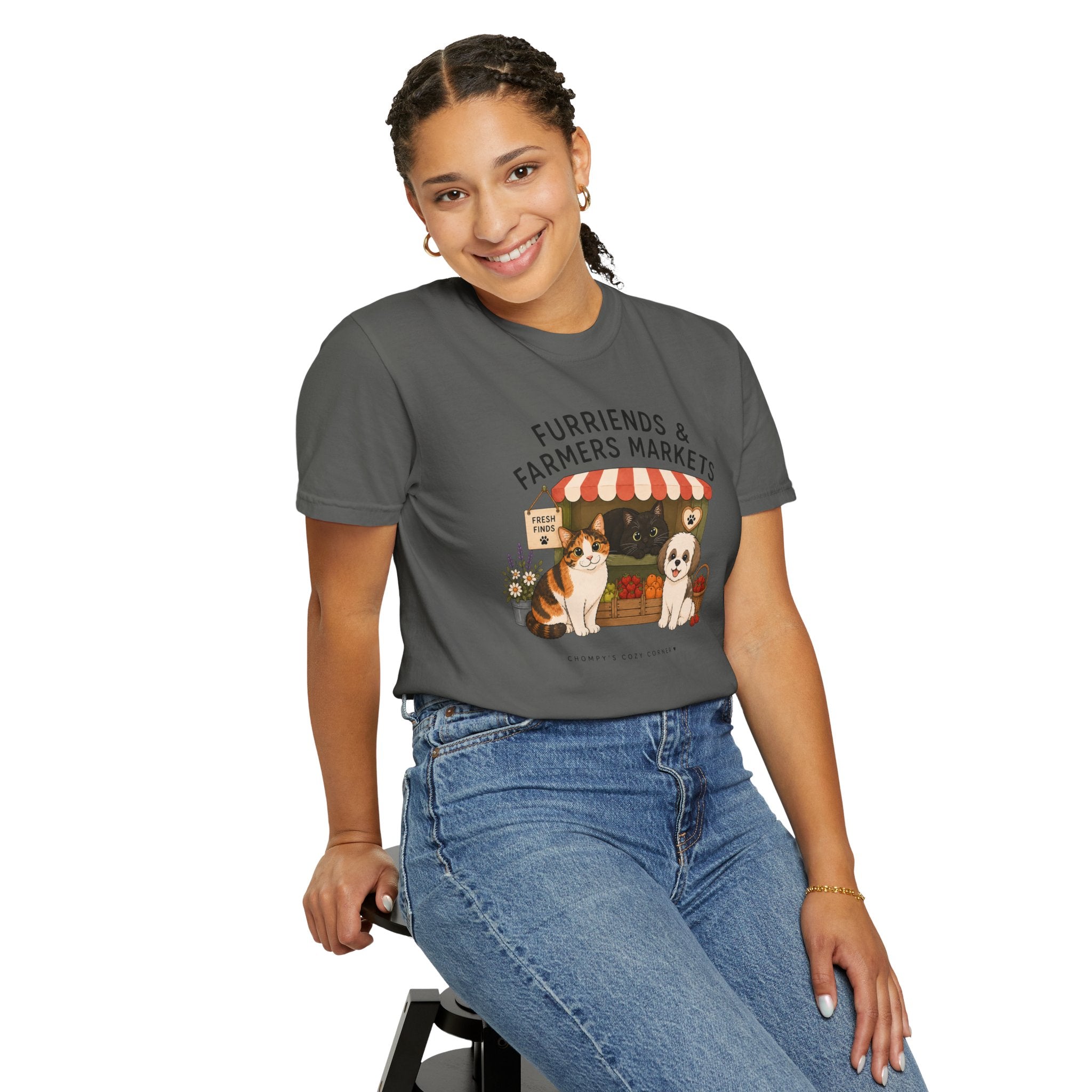 Chompy & Furriends ft. Fenlon Felines: Farmers Market Dogs T-Shirt — “Furriends & Farmers Markets” Cute Pet Market Tee