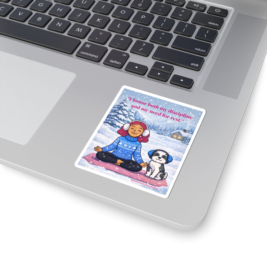 Sticker — "I Honor Both My Discipline and My Need for Rest" Pink‑Haired Girl with Shih‑Poo Winter Scene