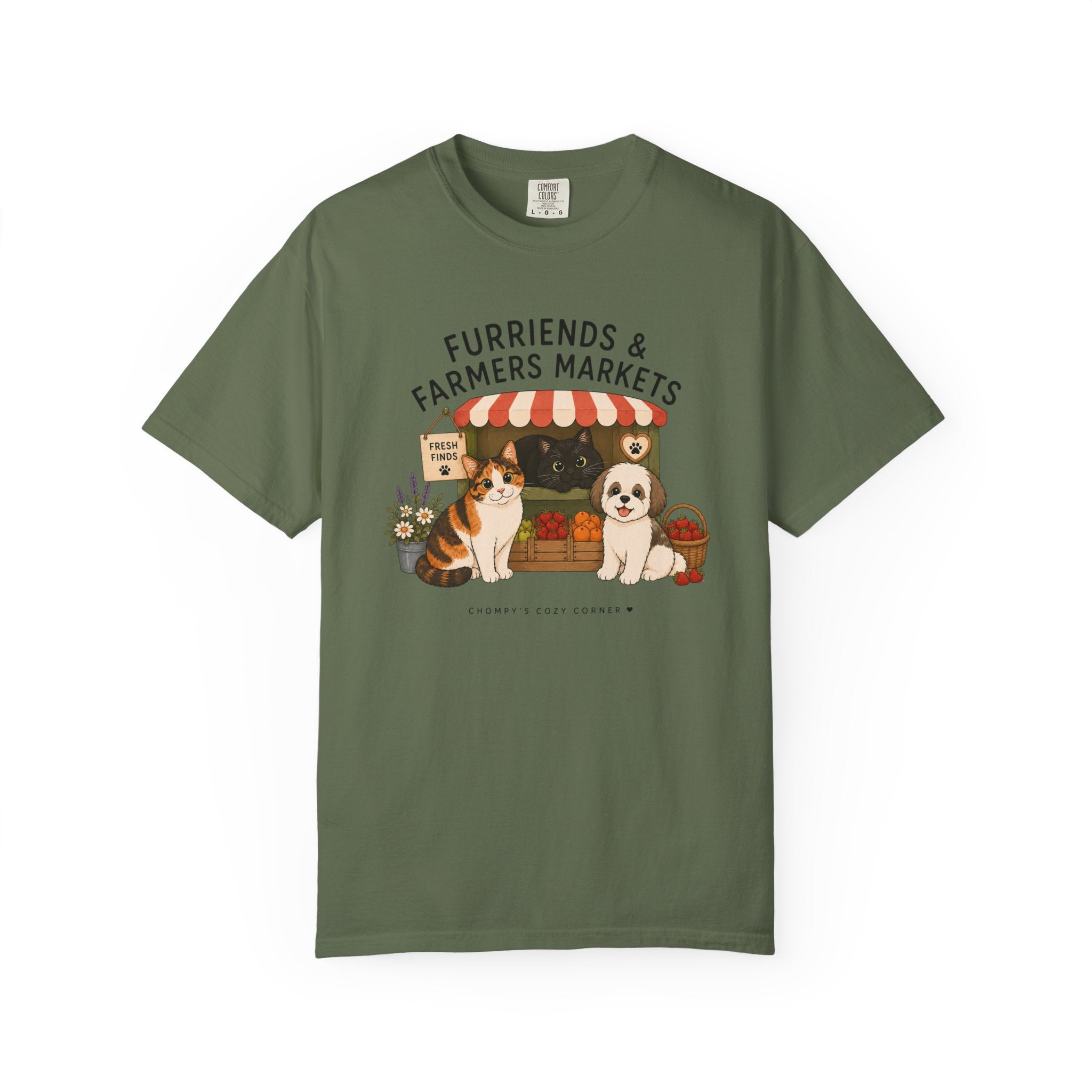 Chompy & Furriends ft. Fenlon Felines: Farmers Market Dogs T-Shirt — “Furriends & Farmers Markets” Cute Pet Market Tee