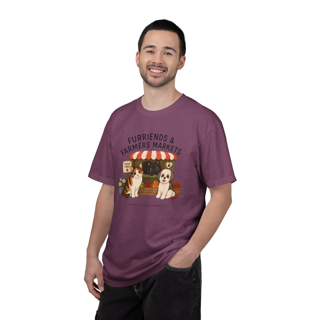 Chompy & Furriends ft. Fenlon Felines: Farmers Market Dogs T-Shirt — “Furriends & Farmers Markets” Cute Pet Market Tee