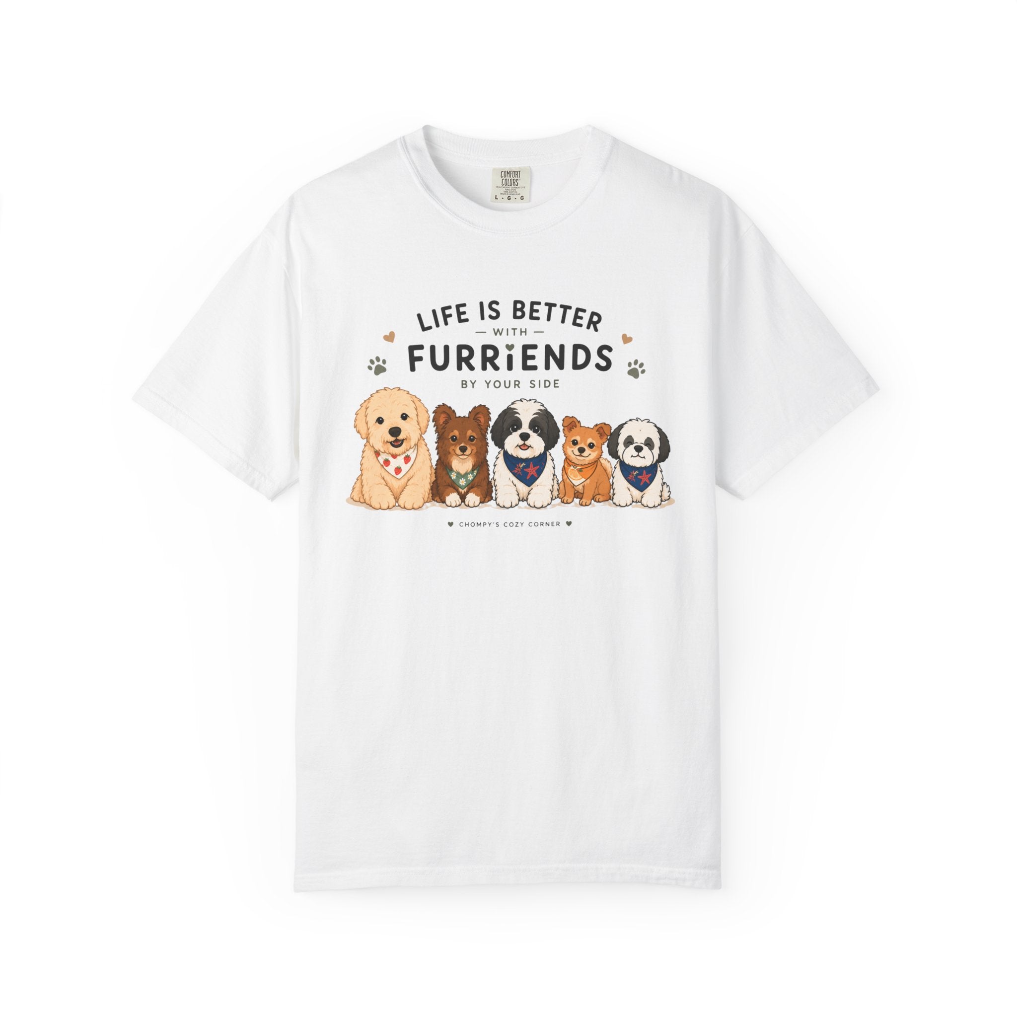 Chompy and Furriends ft. Cohen Crew: Life Is Better With Furriends T-Shirt — Cute Dogs Graphic Tee