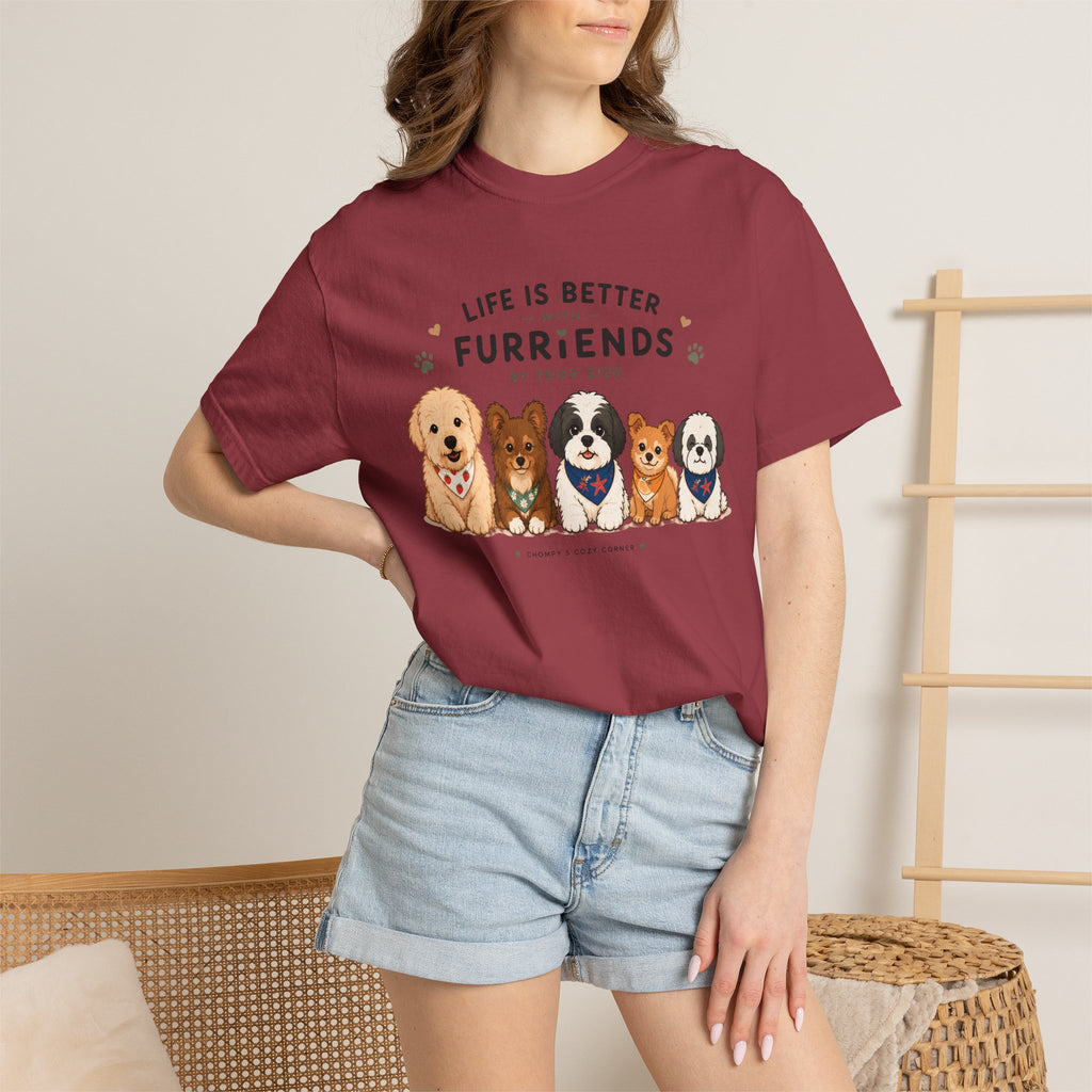 Chompy and Furriends ft. Cohen Crew: Life Is Better With Furriends T-Shirt — Cute Dogs Graphic Tee