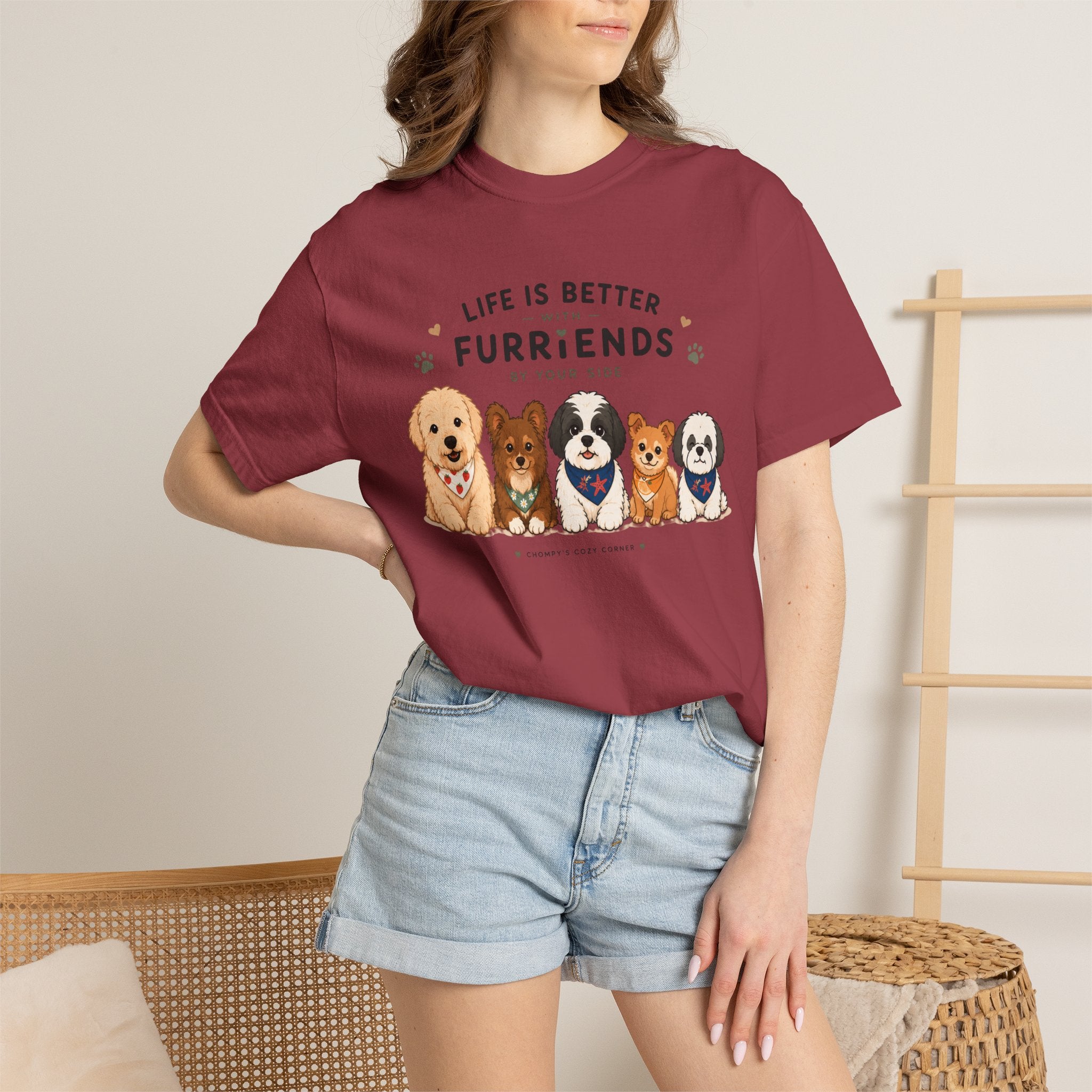 Chompy and Furriends ft. Cohen Crew: Life Is Better With Furriends T-Shirt — Cute Dogs Graphic Tee