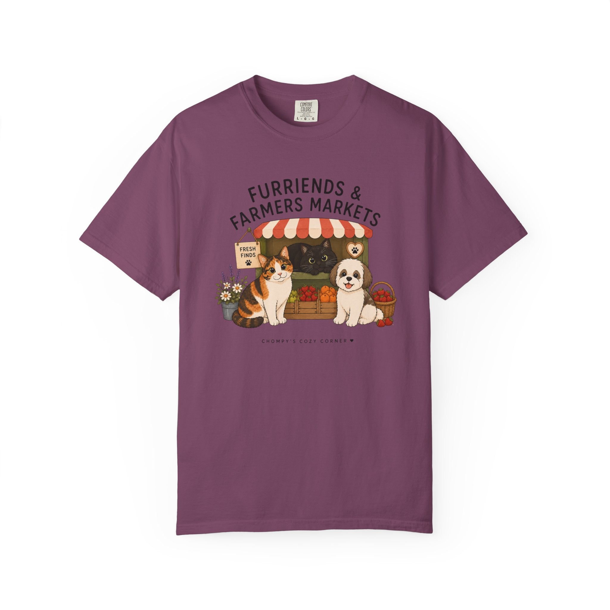 Chompy & Furriends ft. Fenlon Felines: Farmers Market Dogs T-Shirt — “Furriends & Farmers Markets” Cute Pet Market Tee