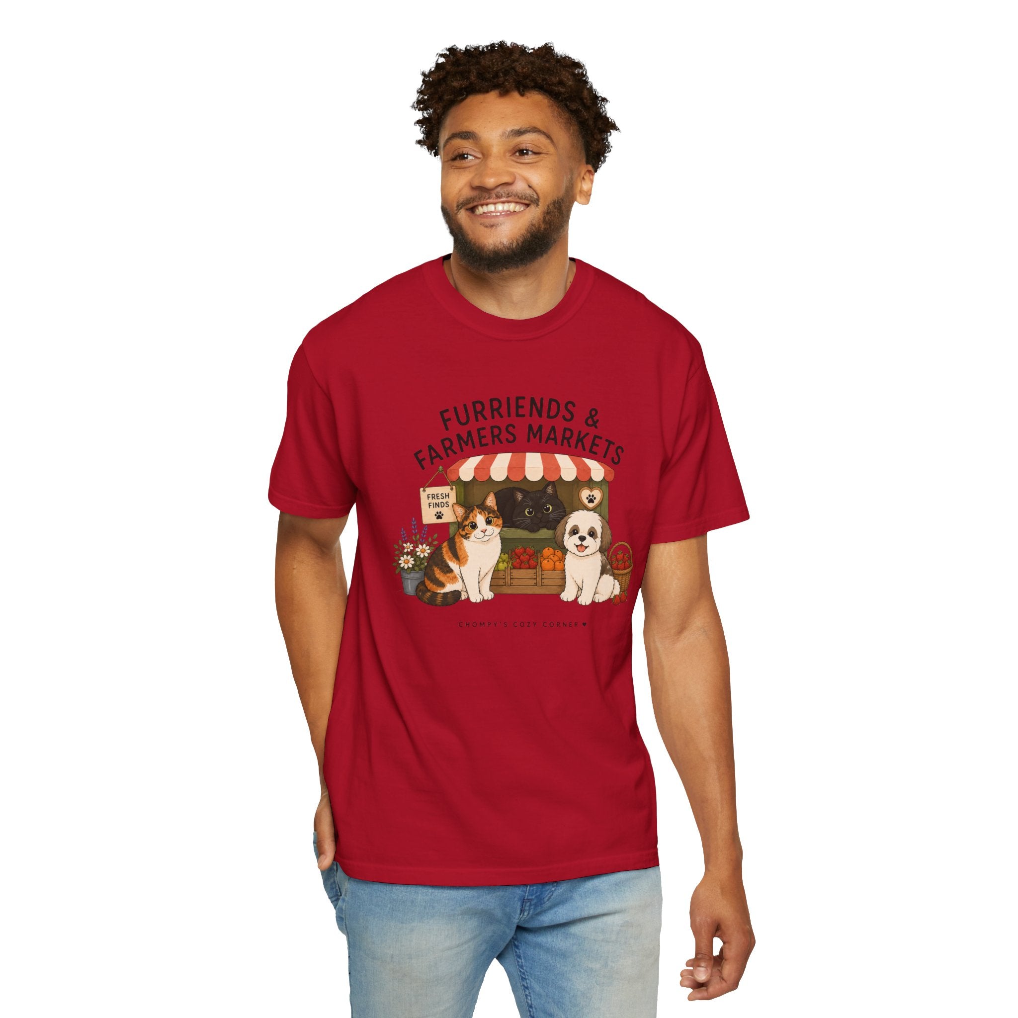 Chompy & Furriends ft. Fenlon Felines: Farmers Market Dogs T-Shirt — “Furriends & Farmers Markets” Cute Pet Market Tee