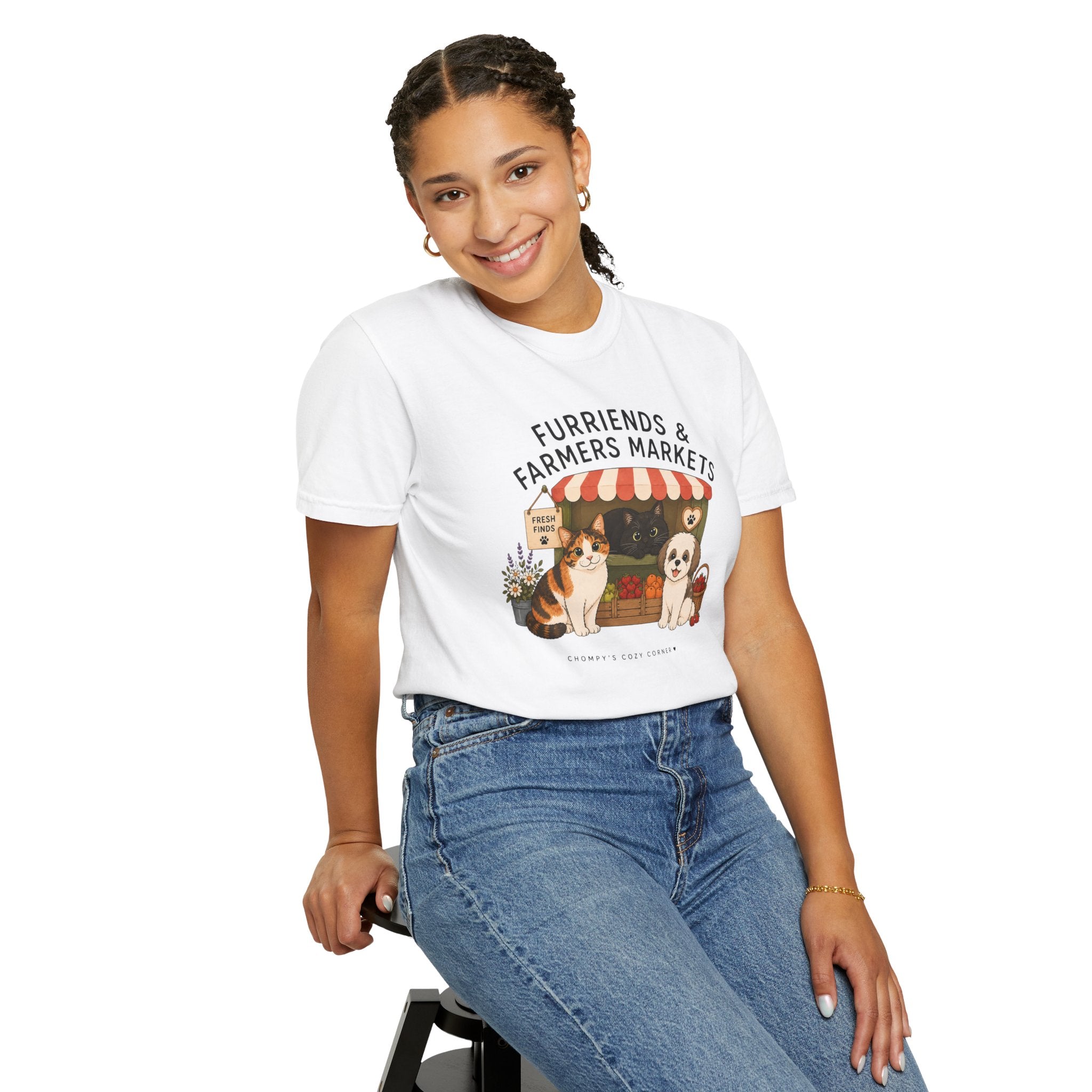 Chompy & Furriends ft. Fenlon Felines: Farmers Market Dogs T-Shirt — “Furriends & Farmers Markets” Cute Pet Market Tee