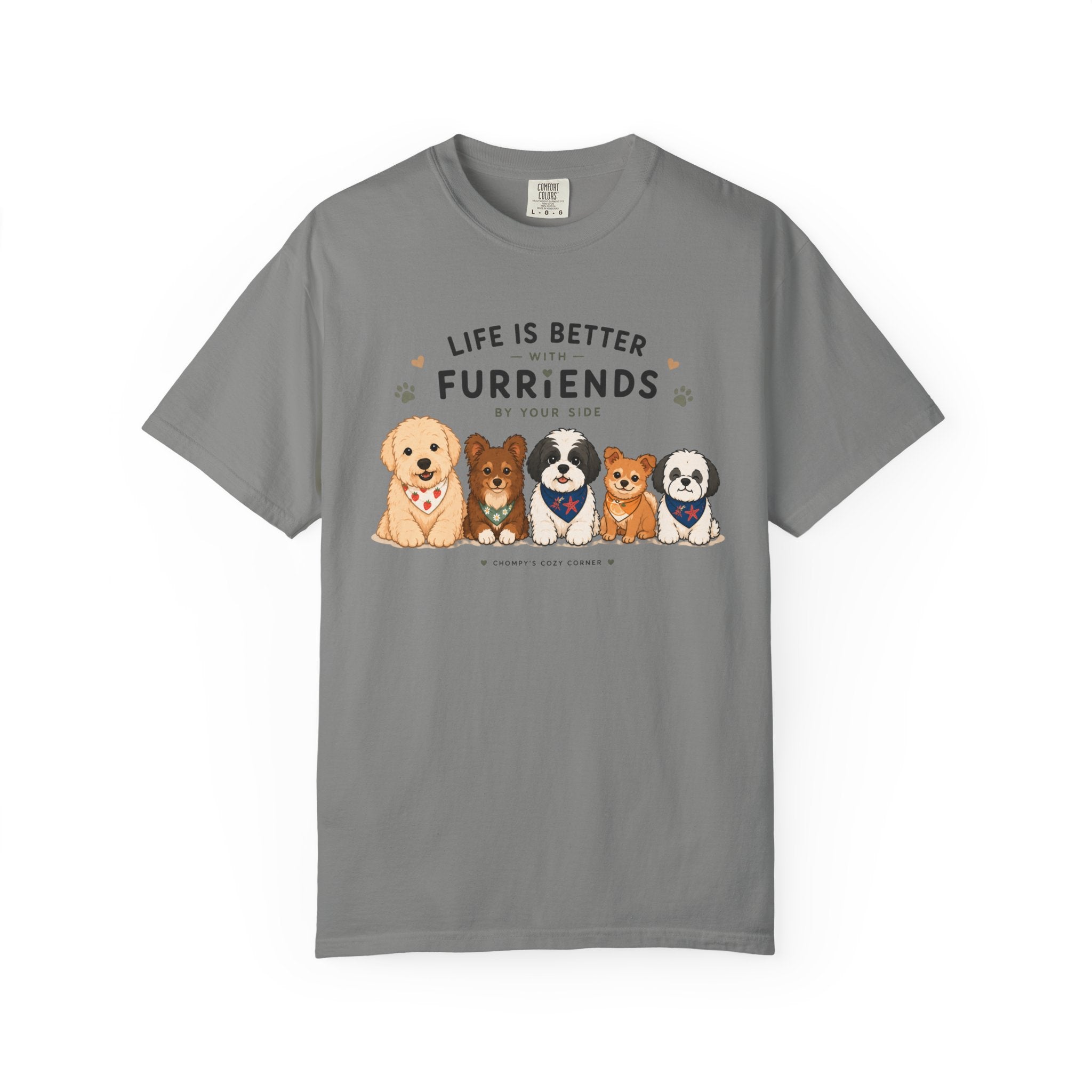 Chompy and Furriends ft. Cohen Crew: Life Is Better With Furriends T-Shirt — Cute Dogs Graphic Tee