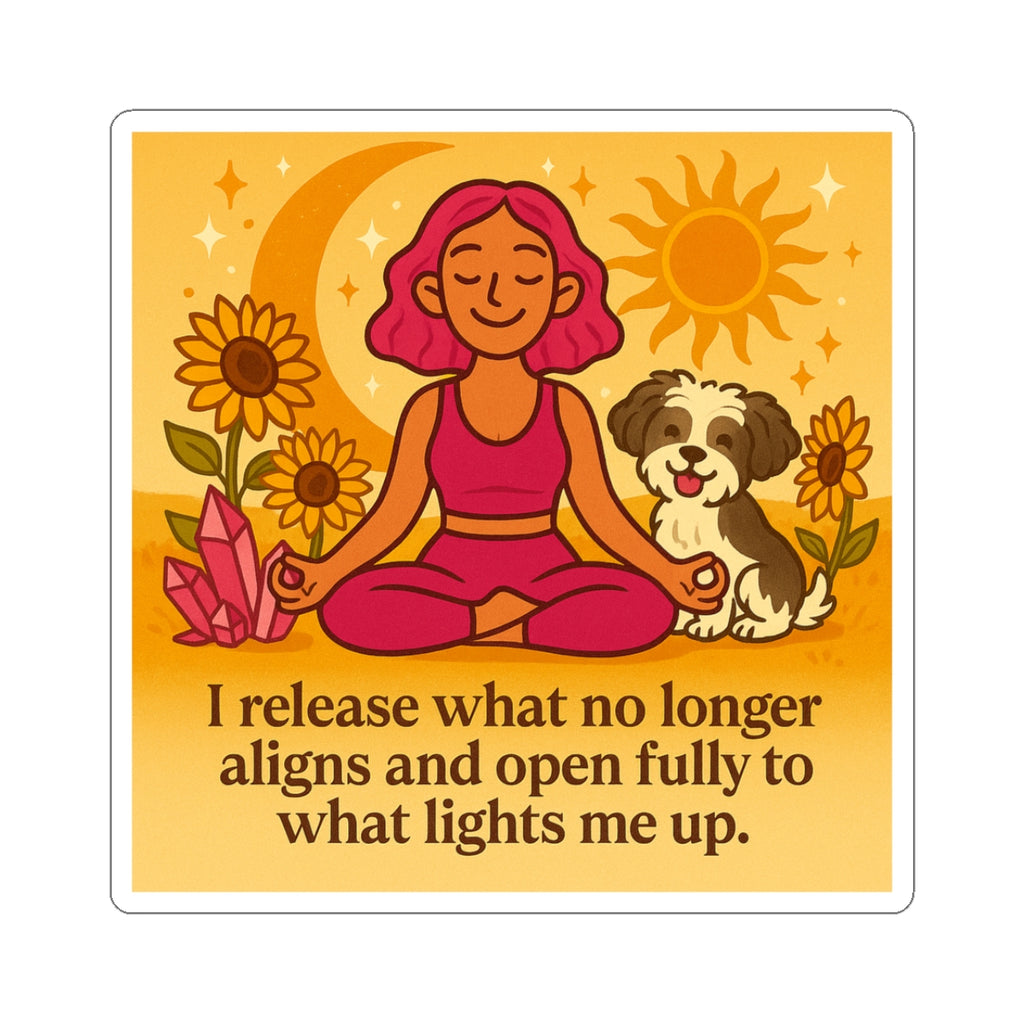 Affirmation Yoga Girl & Shih-Poo Sticker — “I release what no longer aligns…” Kiss-Cut