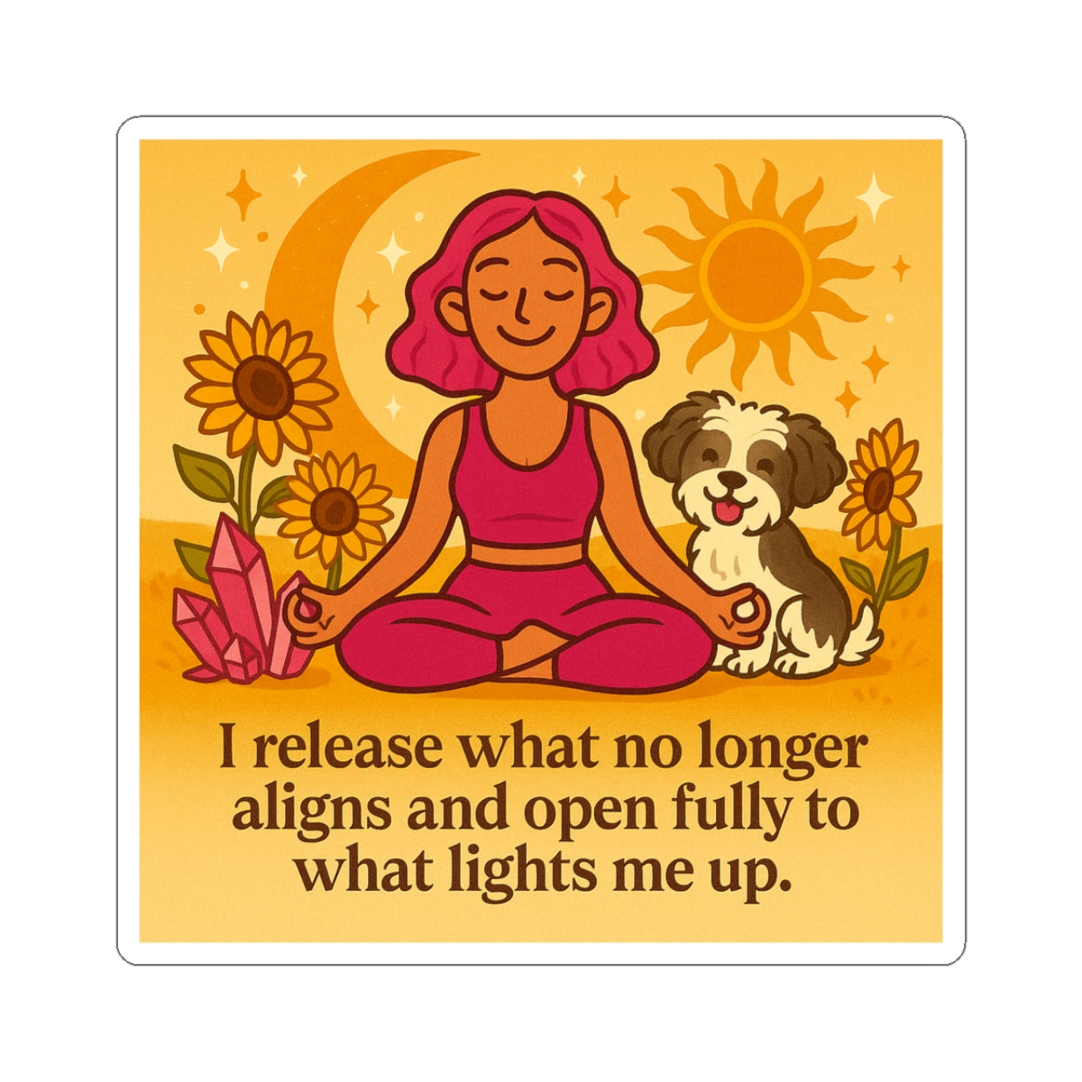 Affirmation Yoga Girl & Shih-Poo Sticker — “I release what no longer aligns…” Kiss-Cut
