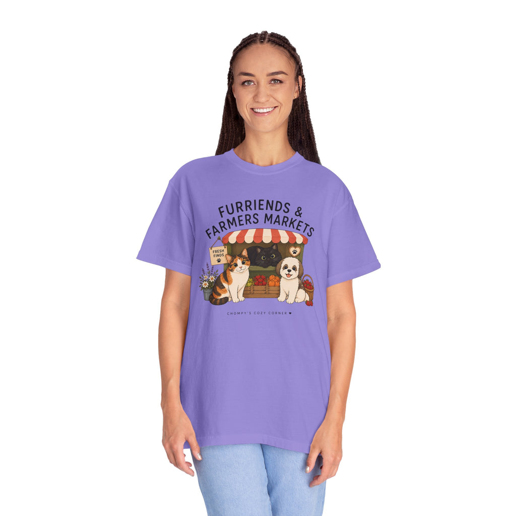 Chompy & Furriends ft. Fenlon Felines: Farmers Market Dogs T-Shirt — “Furriends & Farmers Markets” Cute Pet Market Tee