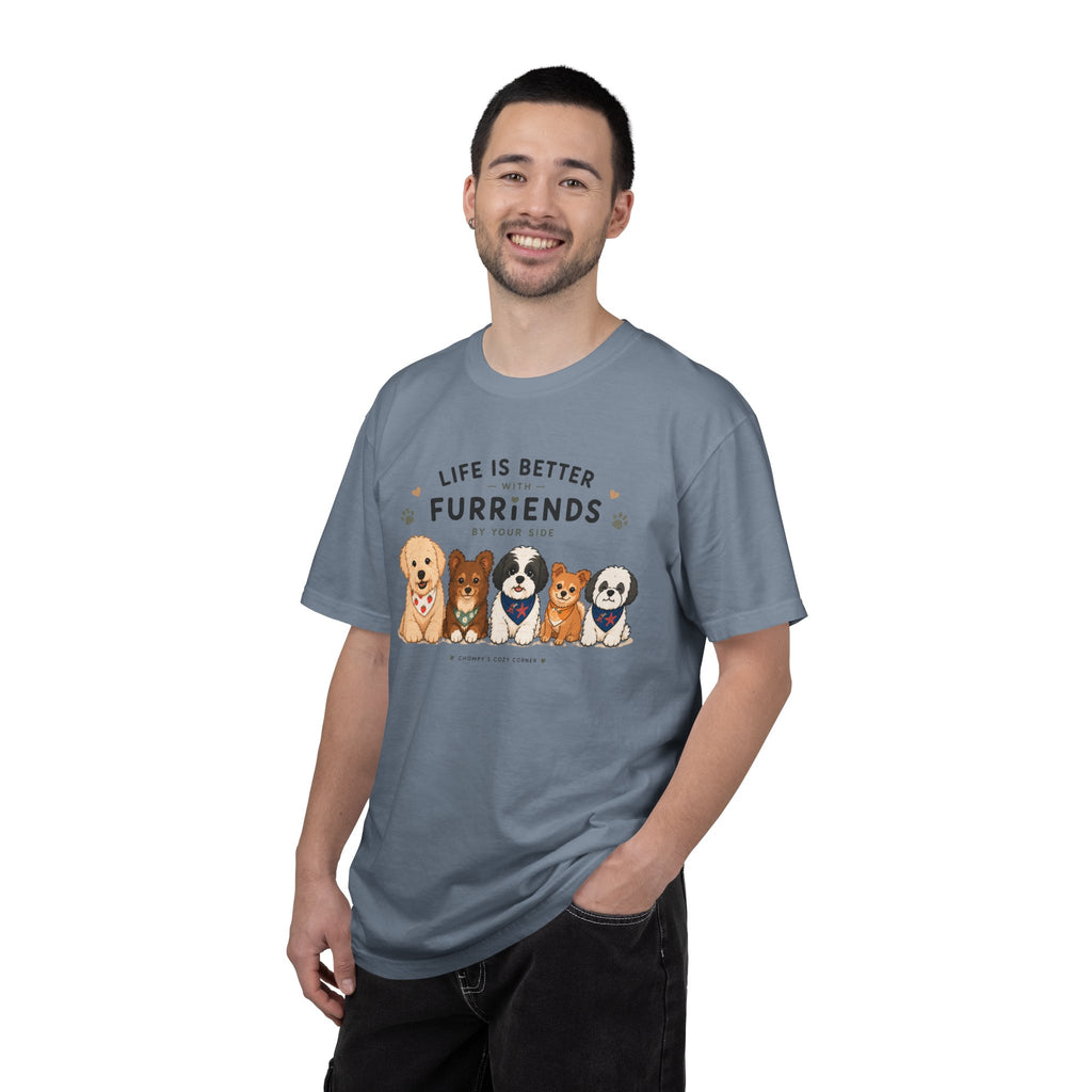 Chompy and Furriends ft. Cohen Crew: Life Is Better With Furriends T-Shirt — Cute Dogs Graphic Tee