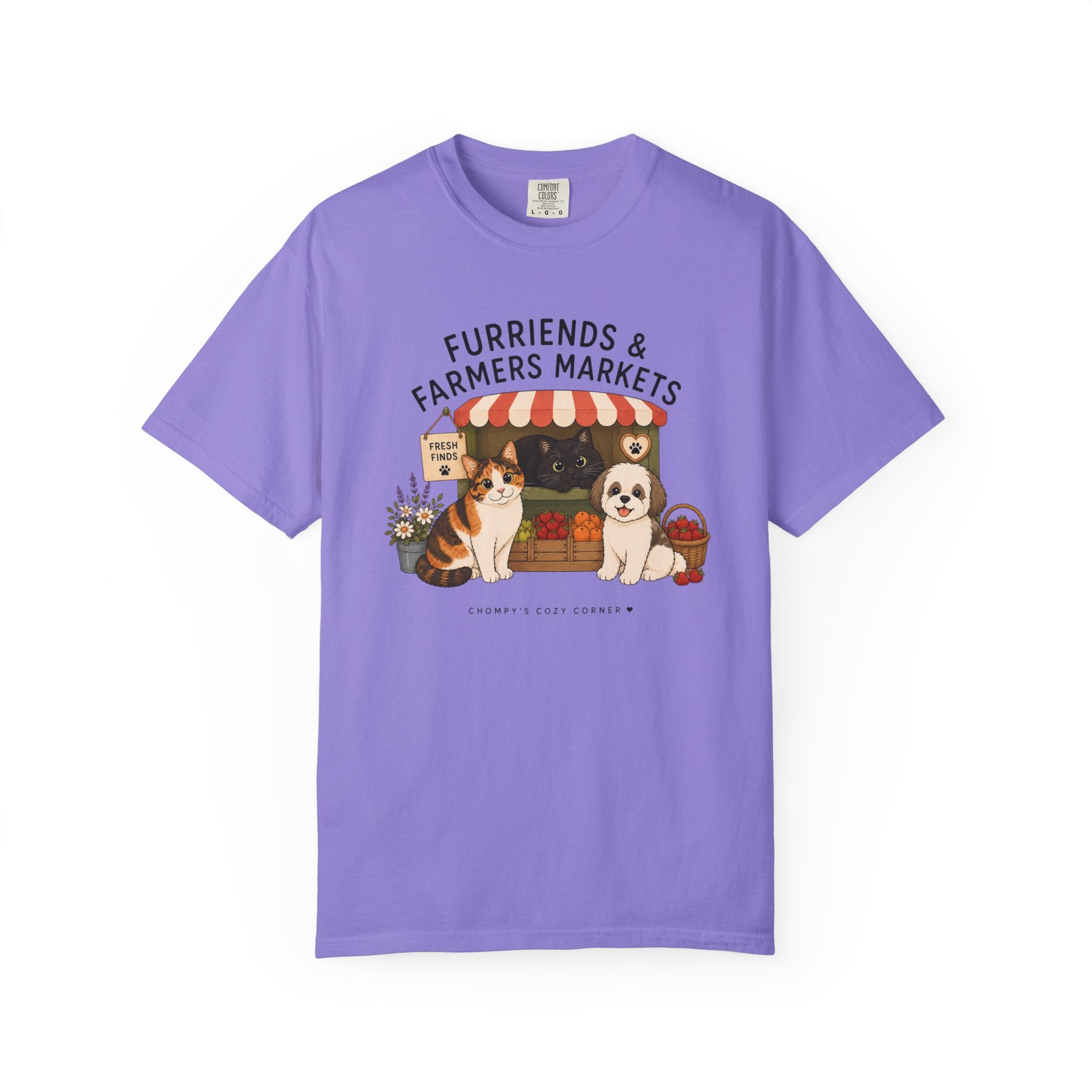 Chompy & Furriends ft. Fenlon Felines: Farmers Market Dogs T-Shirt — “Furriends & Farmers Markets” Cute Pet Market Tee