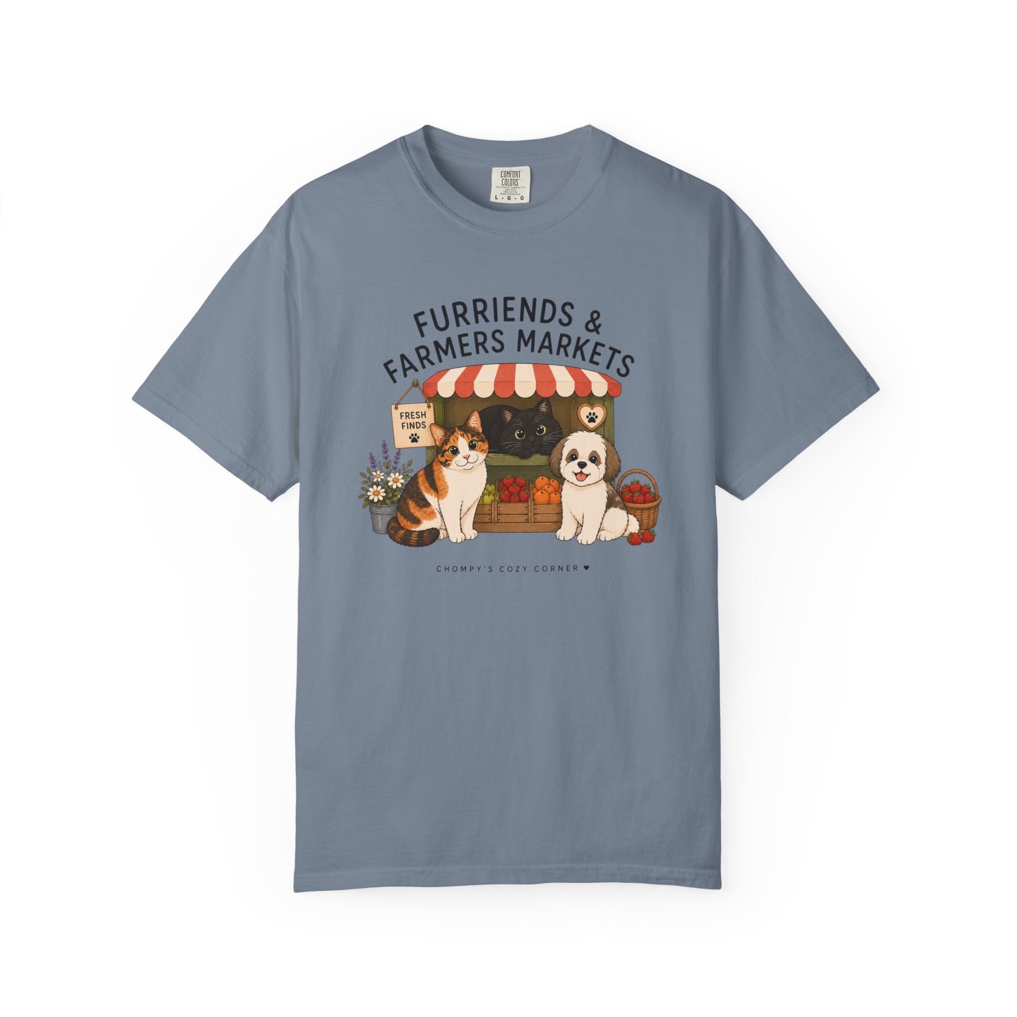 Chompy & Furriends ft. Fenlon Felines: Farmers Market Dogs T-Shirt — “Furriends & Farmers Markets” Cute Pet Market Tee