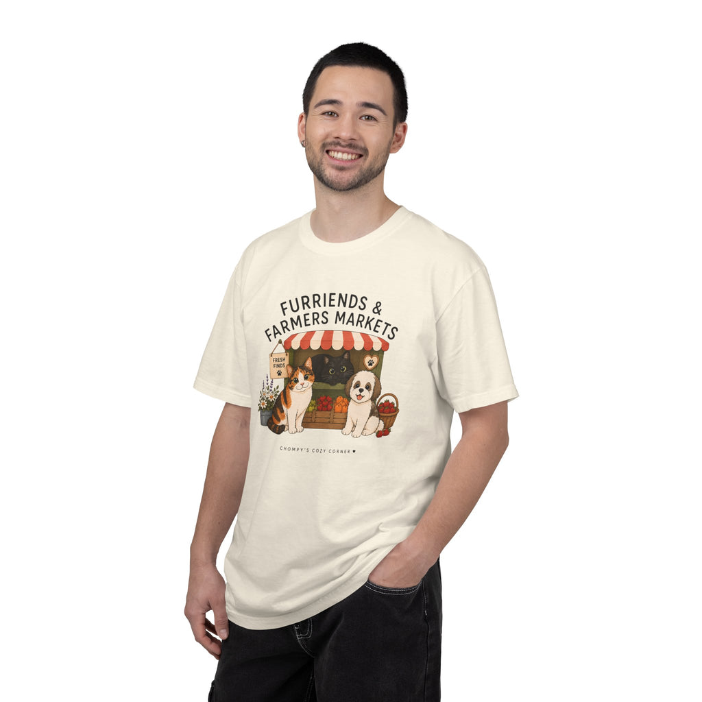 Chompy & Furriends ft. Fenlon Felines: Farmers Market Dogs T-Shirt — “Furriends & Farmers Markets” Cute Pet Market Tee