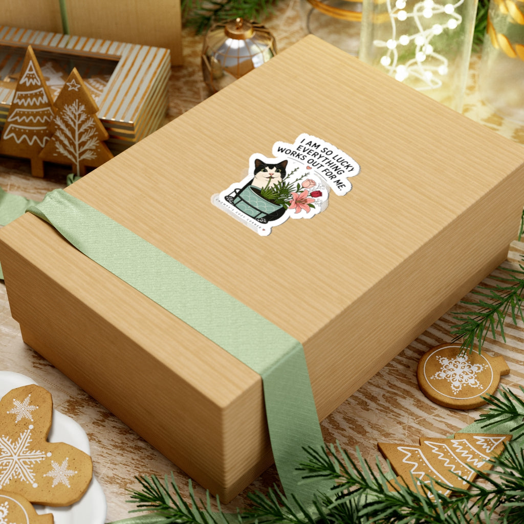 Lucky Cat & Plants Sticker — "I Am So Lucky Everything Works Out For Me" Kiss-Cut Sticker