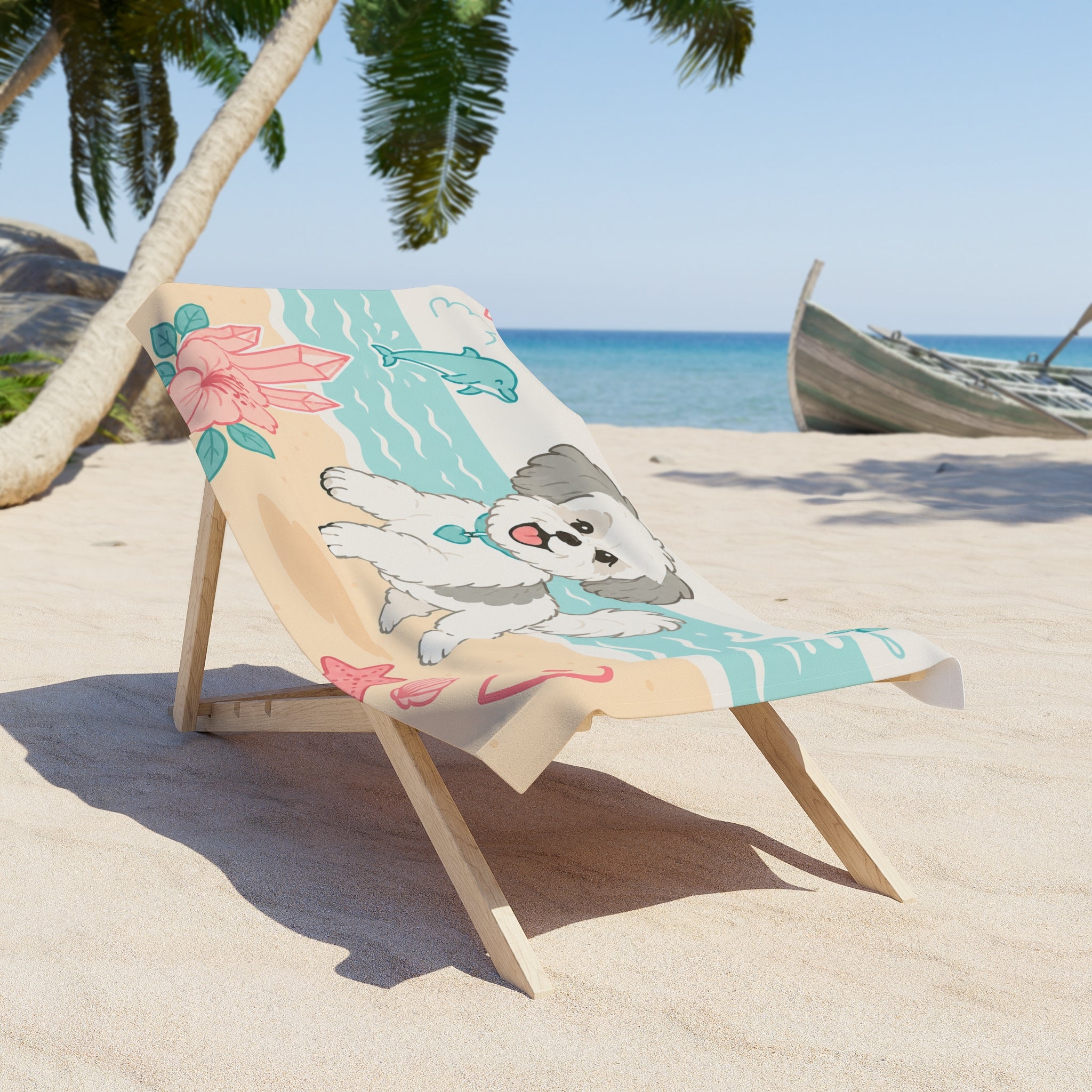 Cute Beach Dog Beach Towel — Happy Puppy Coastal Print