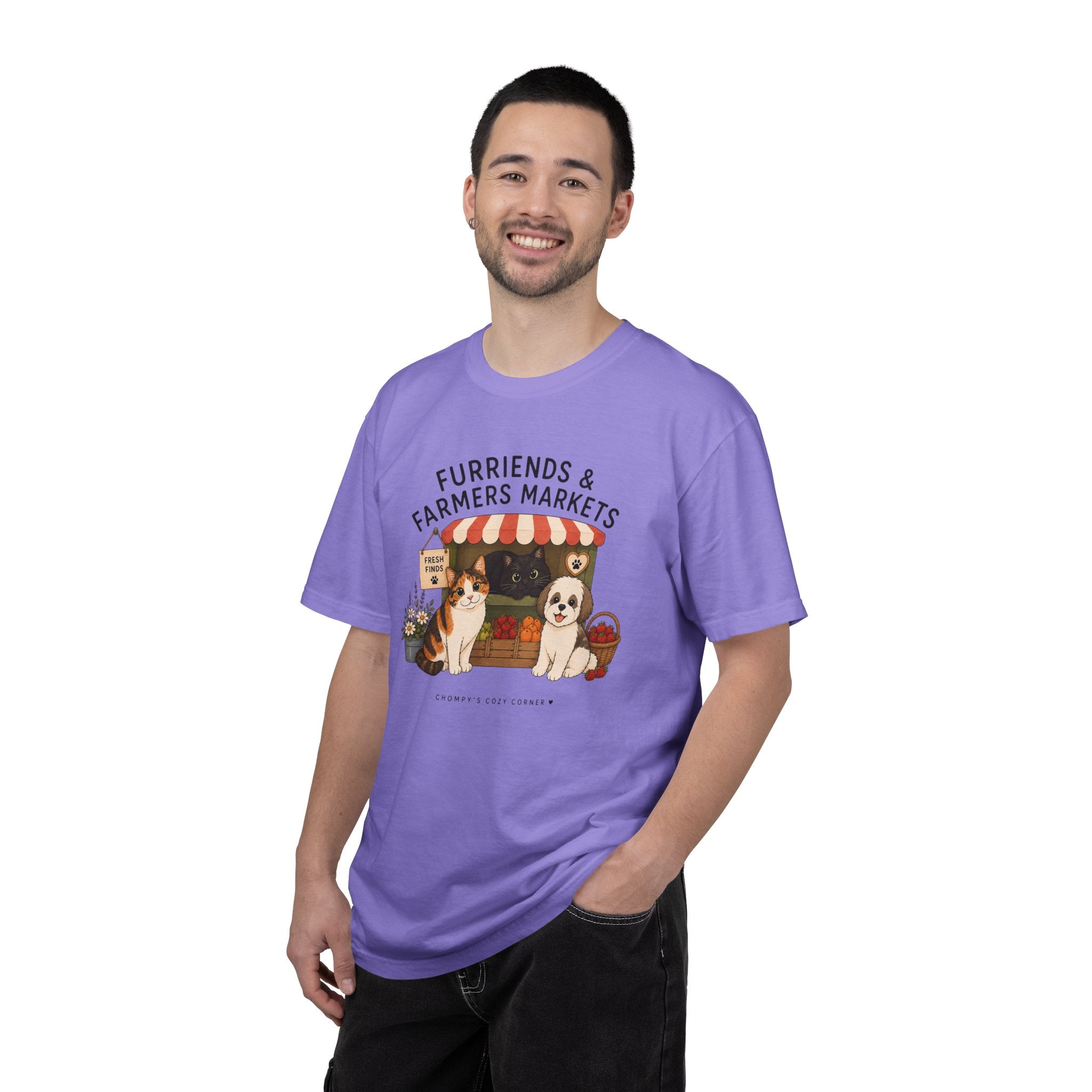 Chompy & Furriends ft. Fenlon Felines: Farmers Market Dogs T-Shirt — “Furriends & Farmers Markets” Cute Pet Market Tee