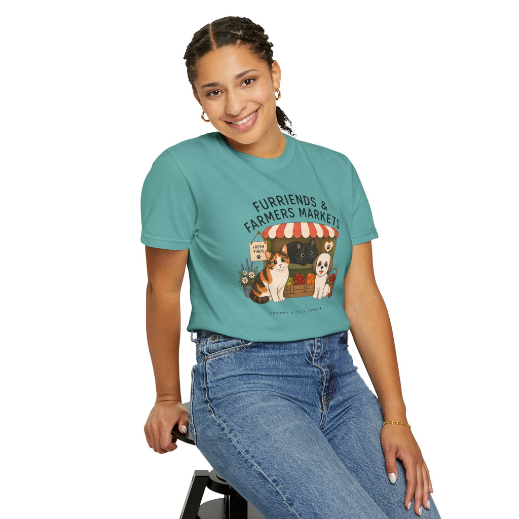 Chompy & Furriends ft. Fenlon Felines: Farmers Market Dogs T-Shirt — “Furriends & Farmers Markets” Cute Pet Market Tee