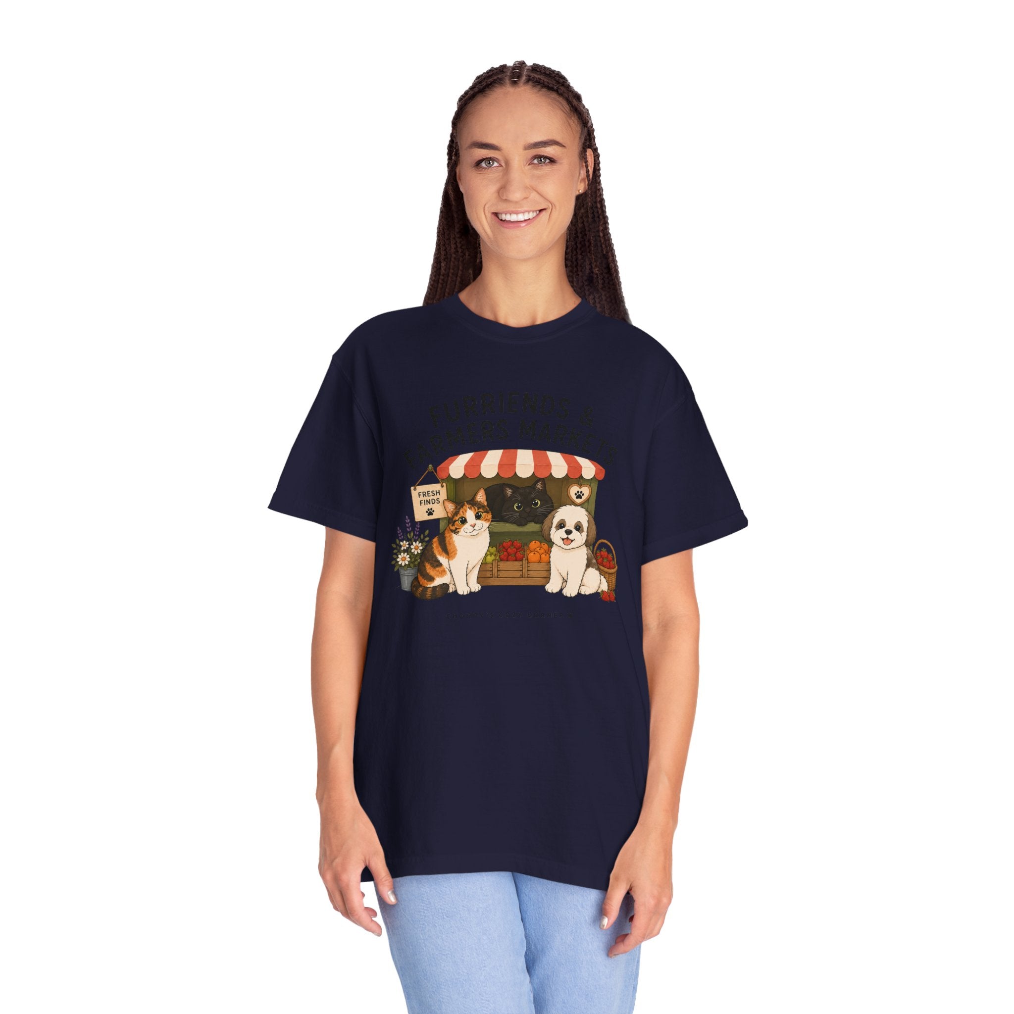 Chompy & Furriends ft. Fenlon Felines: Farmers Market Dogs T-Shirt — “Furriends & Farmers Markets” Cute Pet Market Tee
