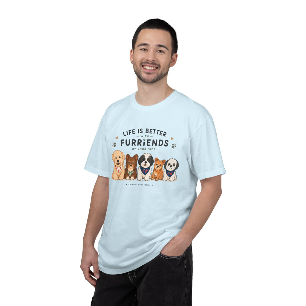 Chompy and Furriends ft. Cohen Crew: Life Is Better With Furriends T-Shirt — Cute Dogs Graphic Tee