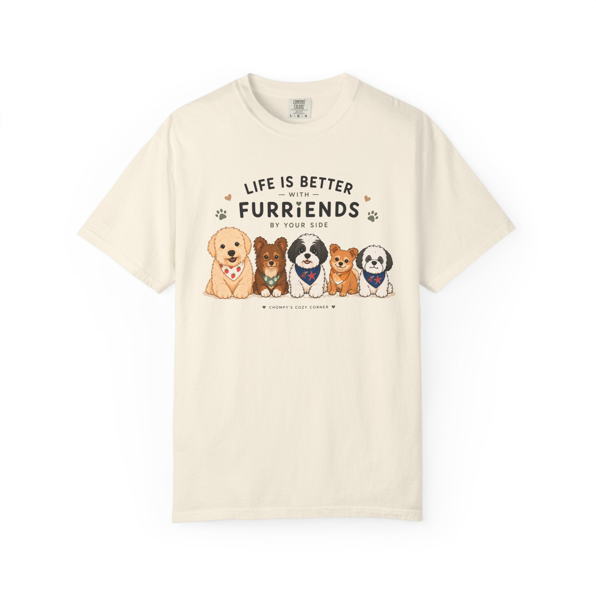 Chompy and Furriends ft. Cohen Crew: Life Is Better With Furriends T-Shirt — Cute Dogs Graphic Tee