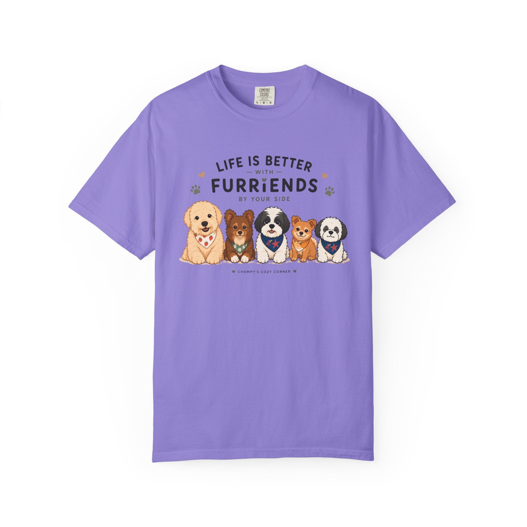 Chompy and Furriends ft. Cohen Crew: Life Is Better With Furriends T-Shirt — Cute Dogs Graphic Tee