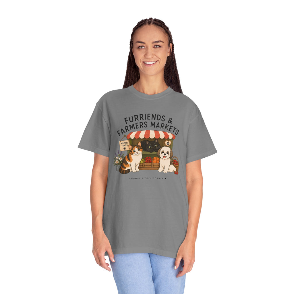 Chompy & Furriends ft. Fenlon Felines: Farmers Market Dogs T-Shirt — “Furriends & Farmers Markets” Cute Pet Market Tee